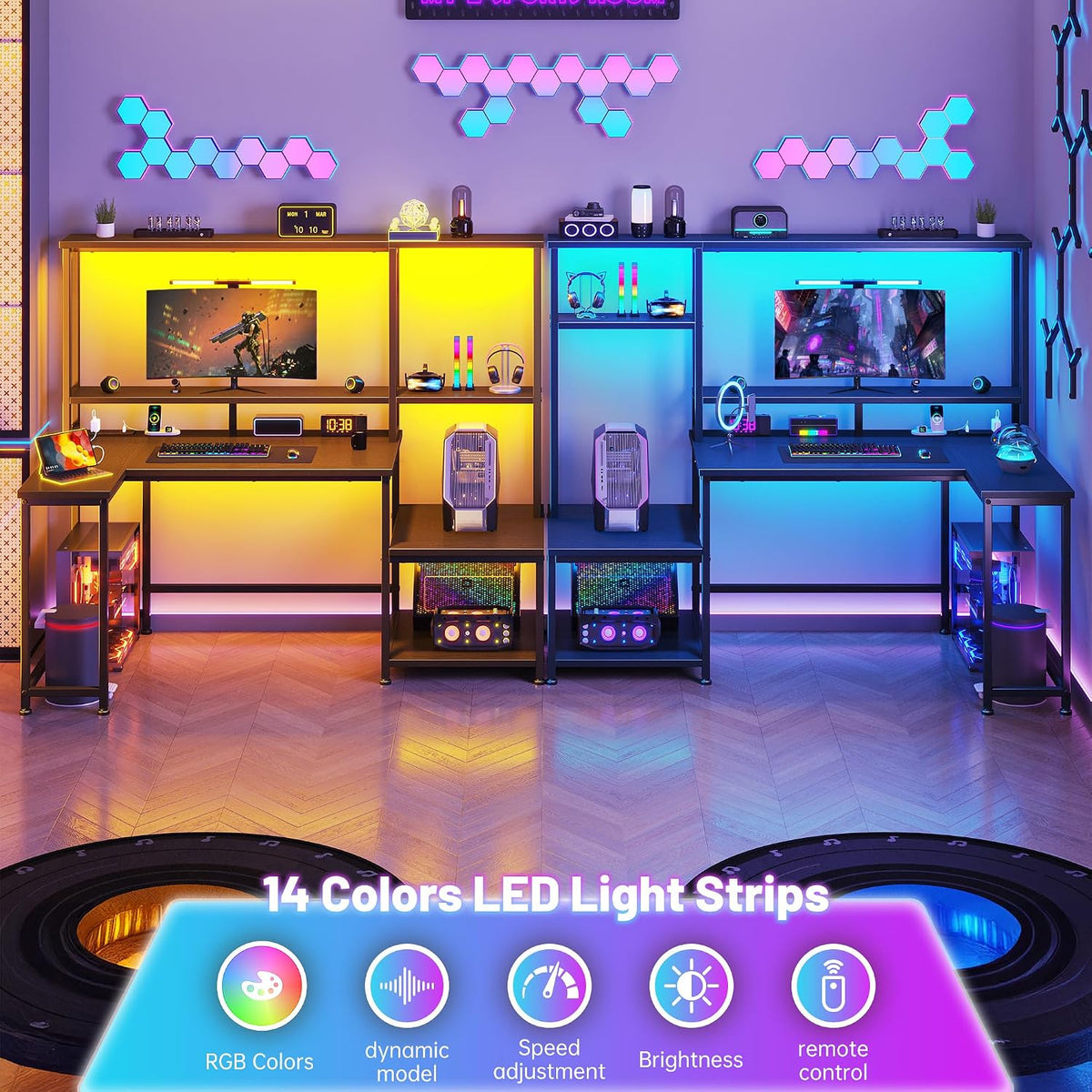 DurayLoly Gaming Desk with LED Lights & Outlets,55' L Shaped Computer Desk with Shelves & Storage Hutch,Reversible Corner Gaming Table with Printer Space & Monitor Stand for Home Office,Black