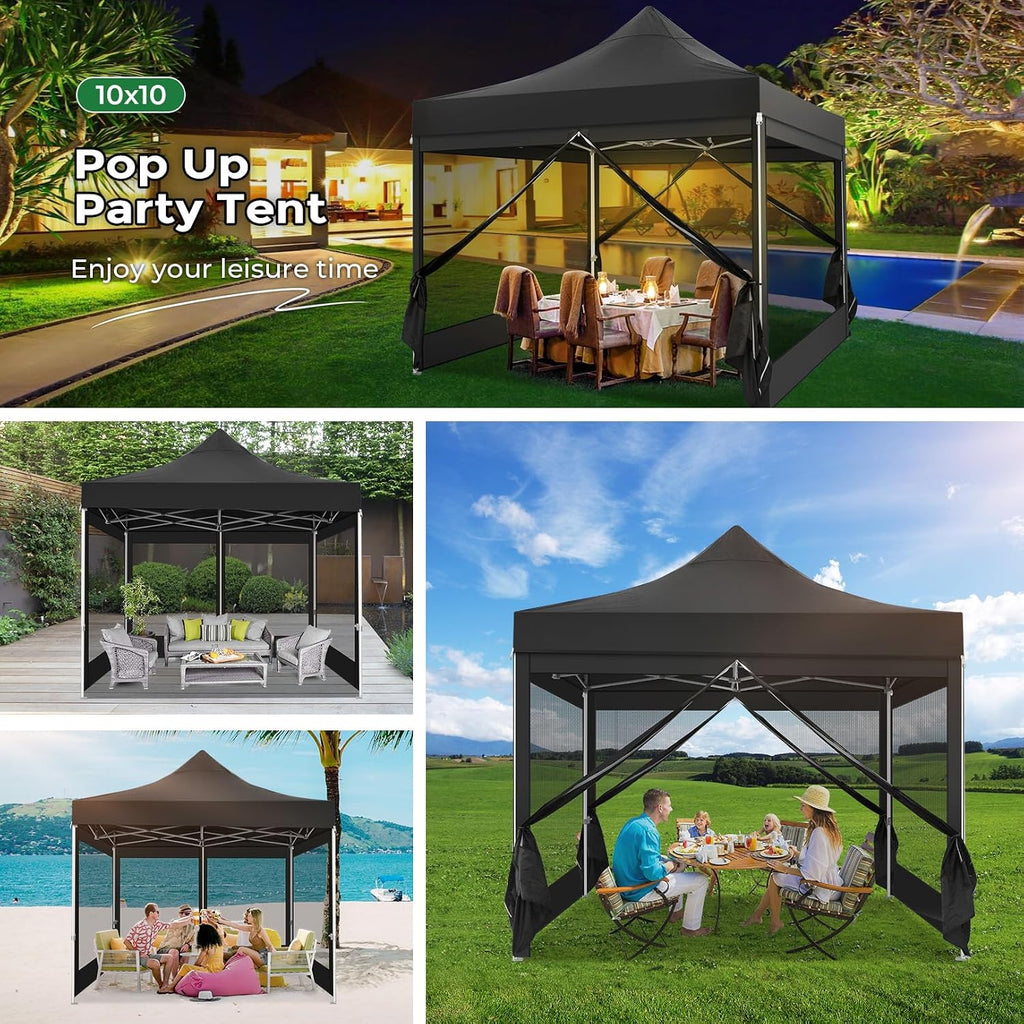 COBIZI 10x10 Heavy Duty Pop Up Canopy Tent with 4 Sidewalls, Commercial Gazebo Party Tent with Mosquito Netting Wall Easy Set Up Outdoor Instant Screen Canopy for Backyard, Patio, Garden, Black