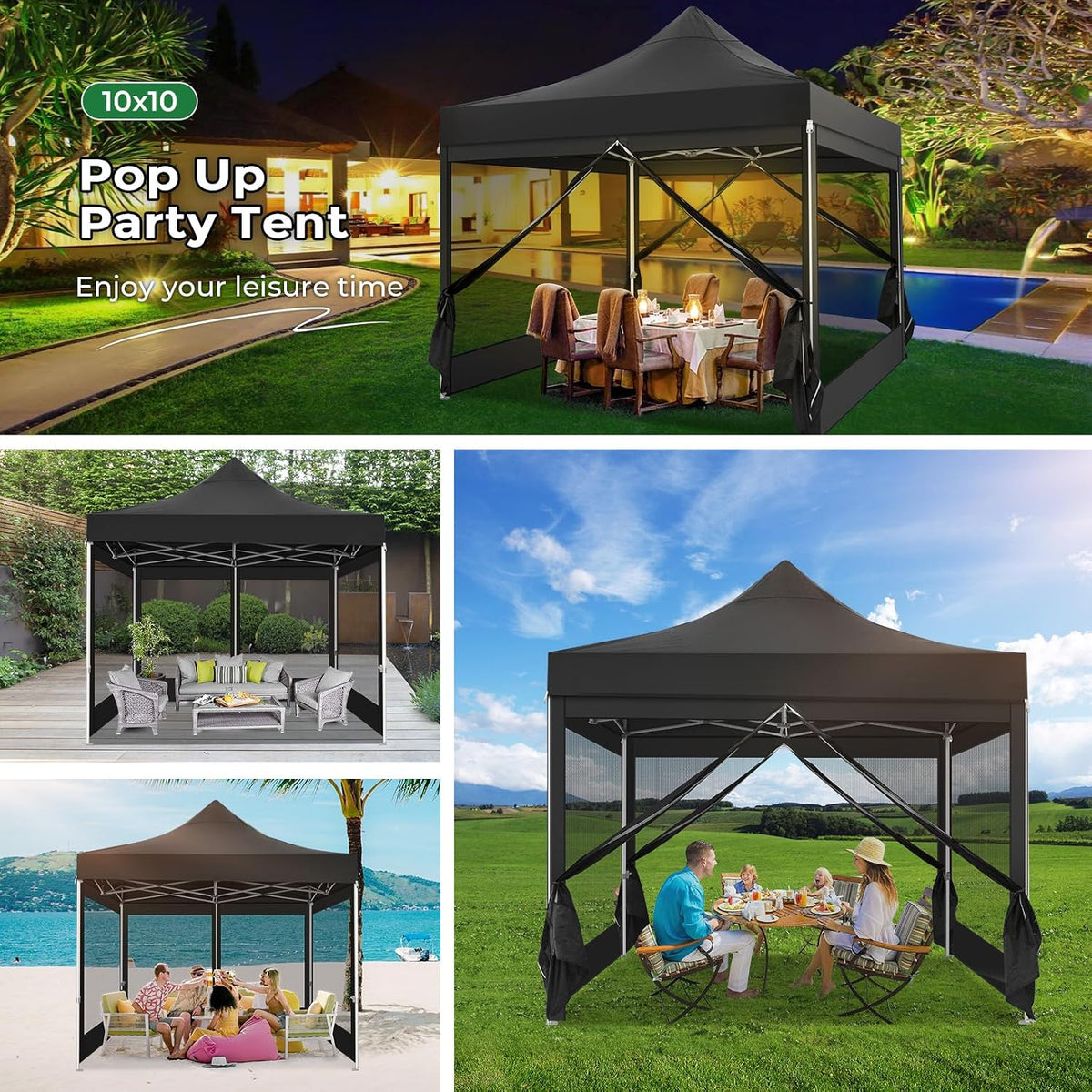 COBIZI 10x10 Heavy Duty Pop Up Canopy Tent with 4 Sidewalls, Commercial Gazebo Party Tent with Mosquito Netting Wall Easy Set Up Outdoor Instant Screen Canopy for Backyard, Patio, Garden, Black