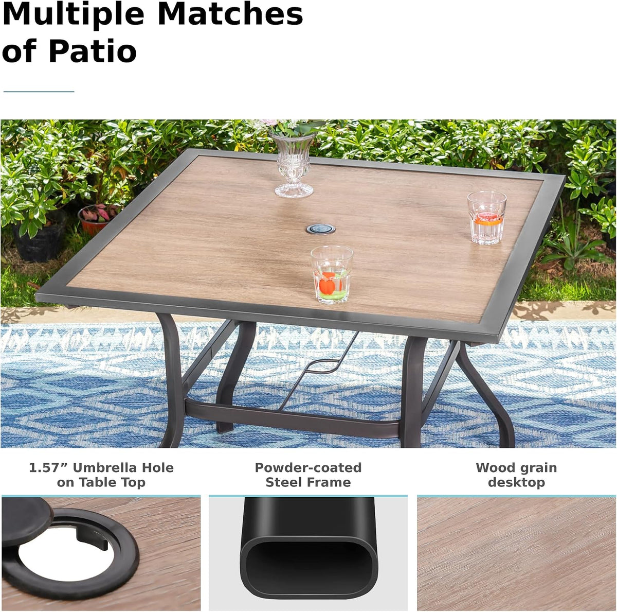 MFSTUDIO Patio Dining Set for 4, Outdoor Furniture Set with Navy Umbrella (Base not Included), Wood-Like Square Table and 4 Swivel Chairs for Patio, Deck, Backyard, Garden
