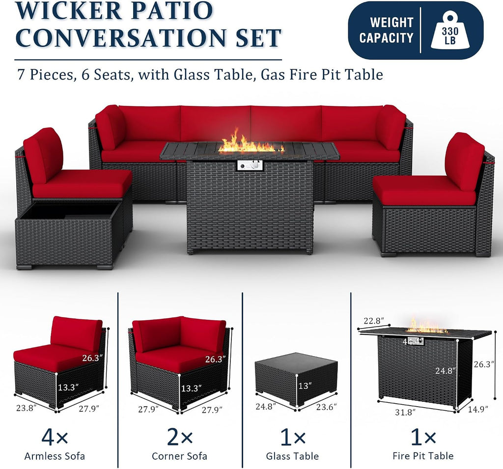 8 Pieces Outdoor Patio Furniture Set with 44' Fire Pit Table Black Rattan Sectional Conversation Sets w/Gas Fire Pit, Coffee Table, 1 Waterproof Covers, Wine red