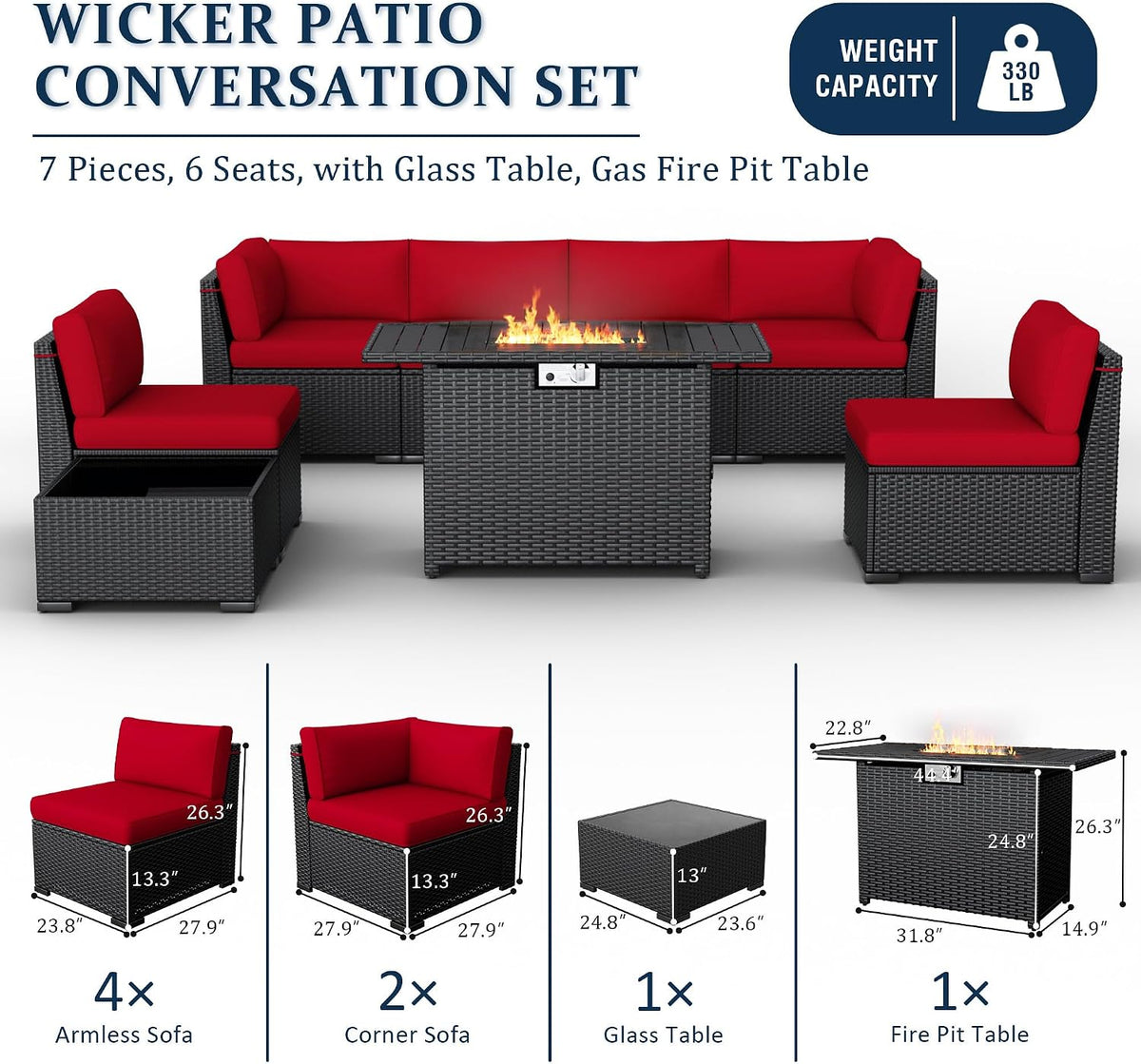 8 Pieces Outdoor Patio Furniture Set with 44' Fire Pit Table Black Rattan Sectional Conversation Sets w/Gas Fire Pit, Coffee Table, 1 Waterproof Covers, Wine red