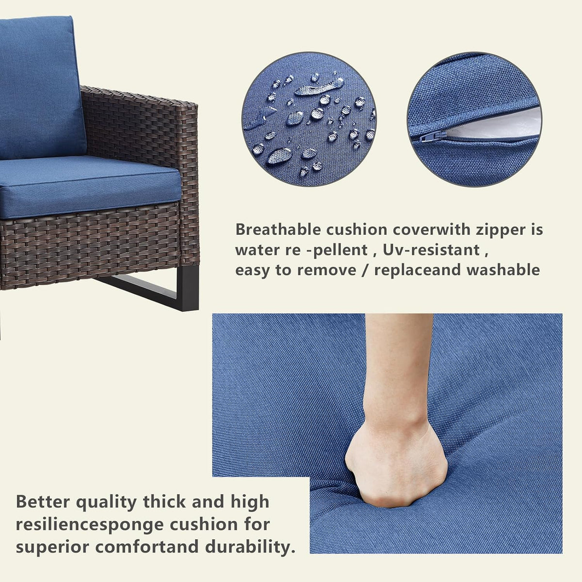 Luxury Wicker Outdoor Patio Furniture Set of 5 - 5 Piece Patio Conversation Set with 2 Swivel Rocker Chairs,2 Rattan Ottoman and 1 Couch for Outside Porch Deck Backyard Garden(Light Grey/Sky Blue)