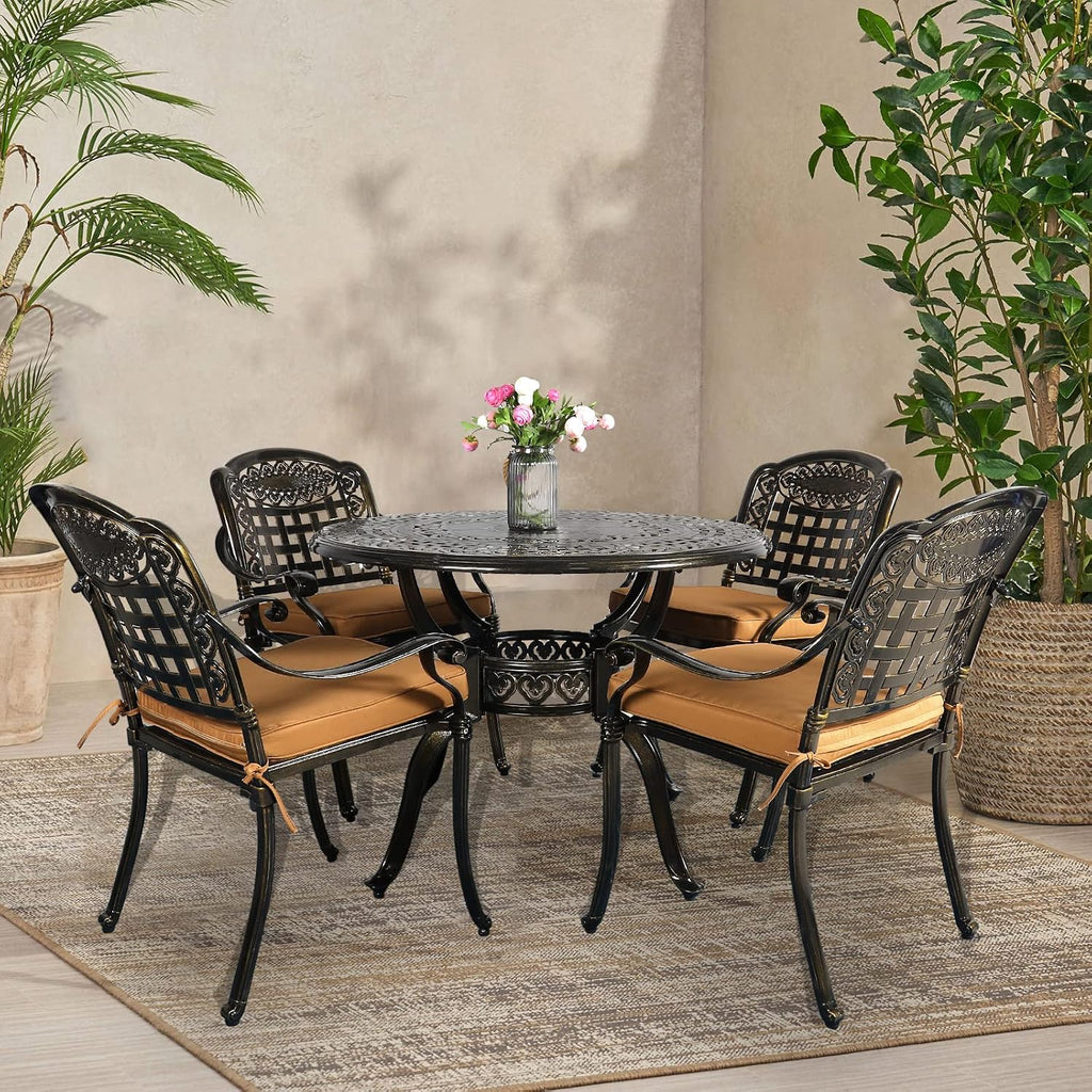 VIVIJASON 5-Piece Patio Furniture Dining Set, All-Weather Cast Aluminum Outdoor Conversation Set, Include 4 Cushioned Chairs and 1 Round Table w/Umbrella Hole for Balcony, Lawn, Garden, Backyard