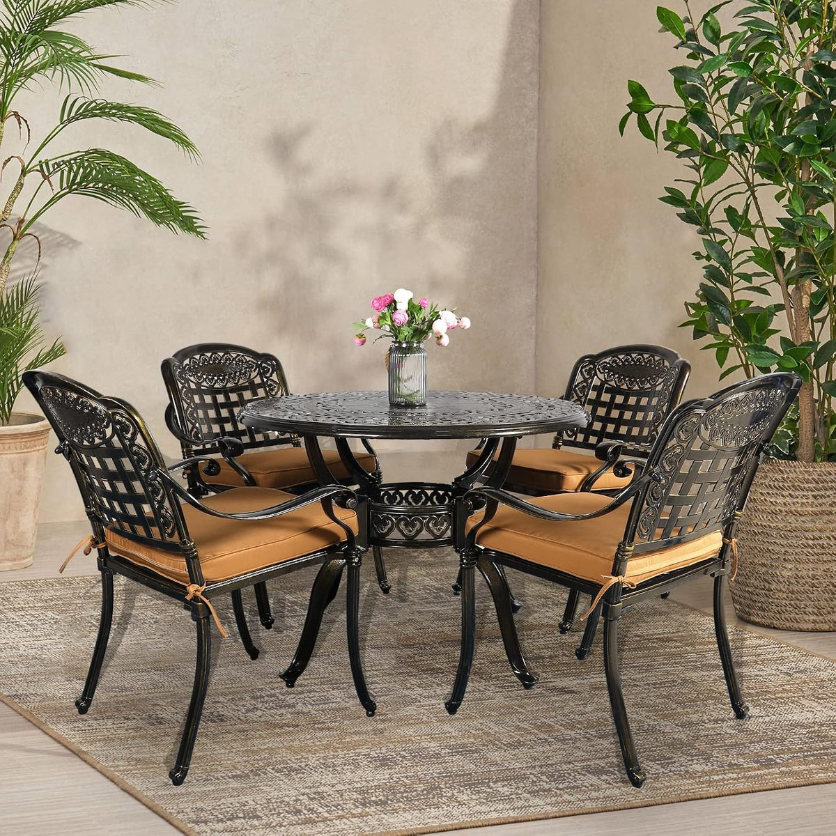 VIVIJASON 5-Piece Patio Furniture Dining Set, All-Weather Cast Aluminum Outdoor Conversation Set, Include 4 Cushioned Chairs and 1 Round Table w/Umbrella Hole for Balcony, Lawn, Garden, Backyard
