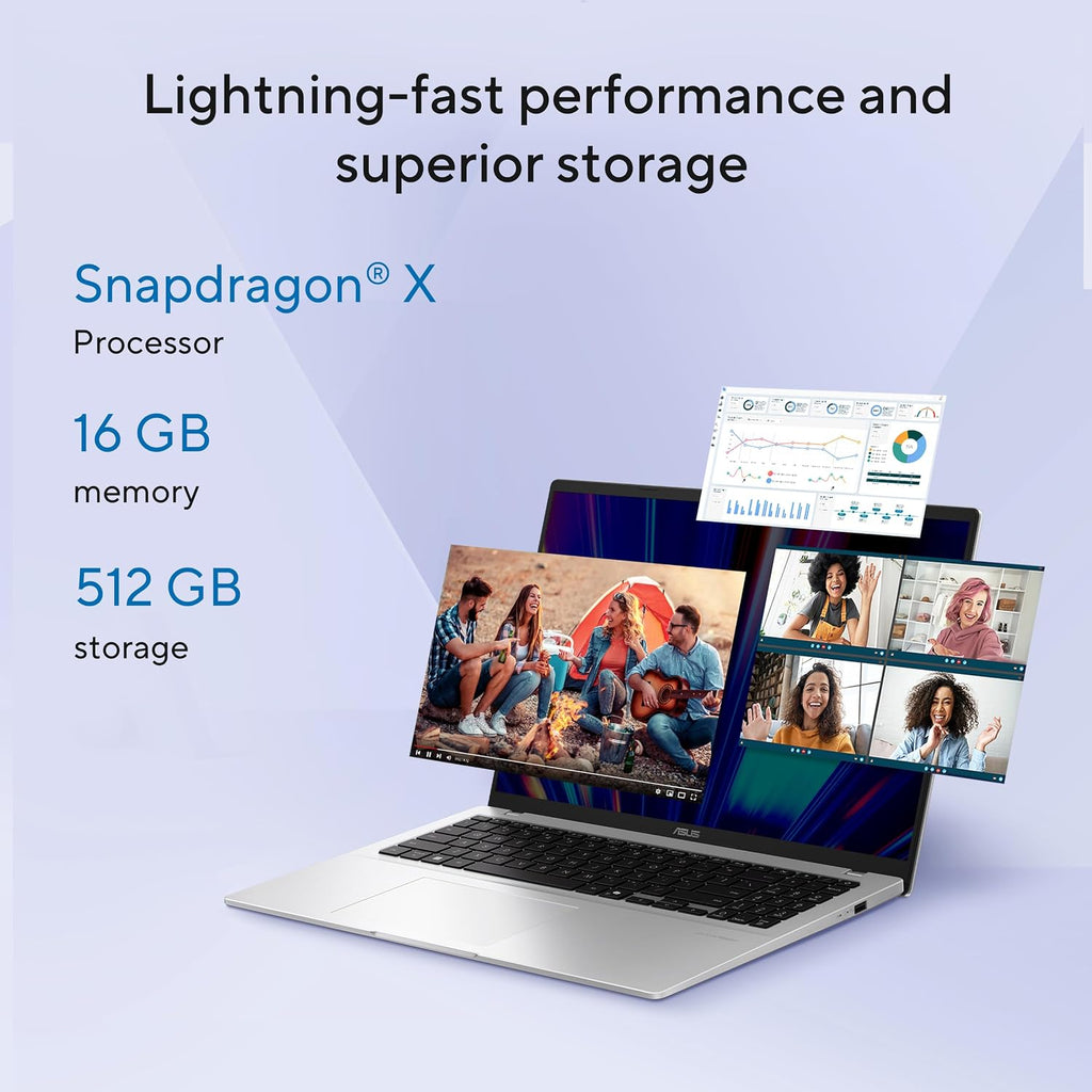ASUS Vivobook 14 Laptop, 14' WUXGA 60Hz Display, Qualcomm Snapdragon X, Qualcomm Adreno GPU, 16GB RAM, 512GB SSD, Windows 11, Cool Silver, X1407QA-BS56