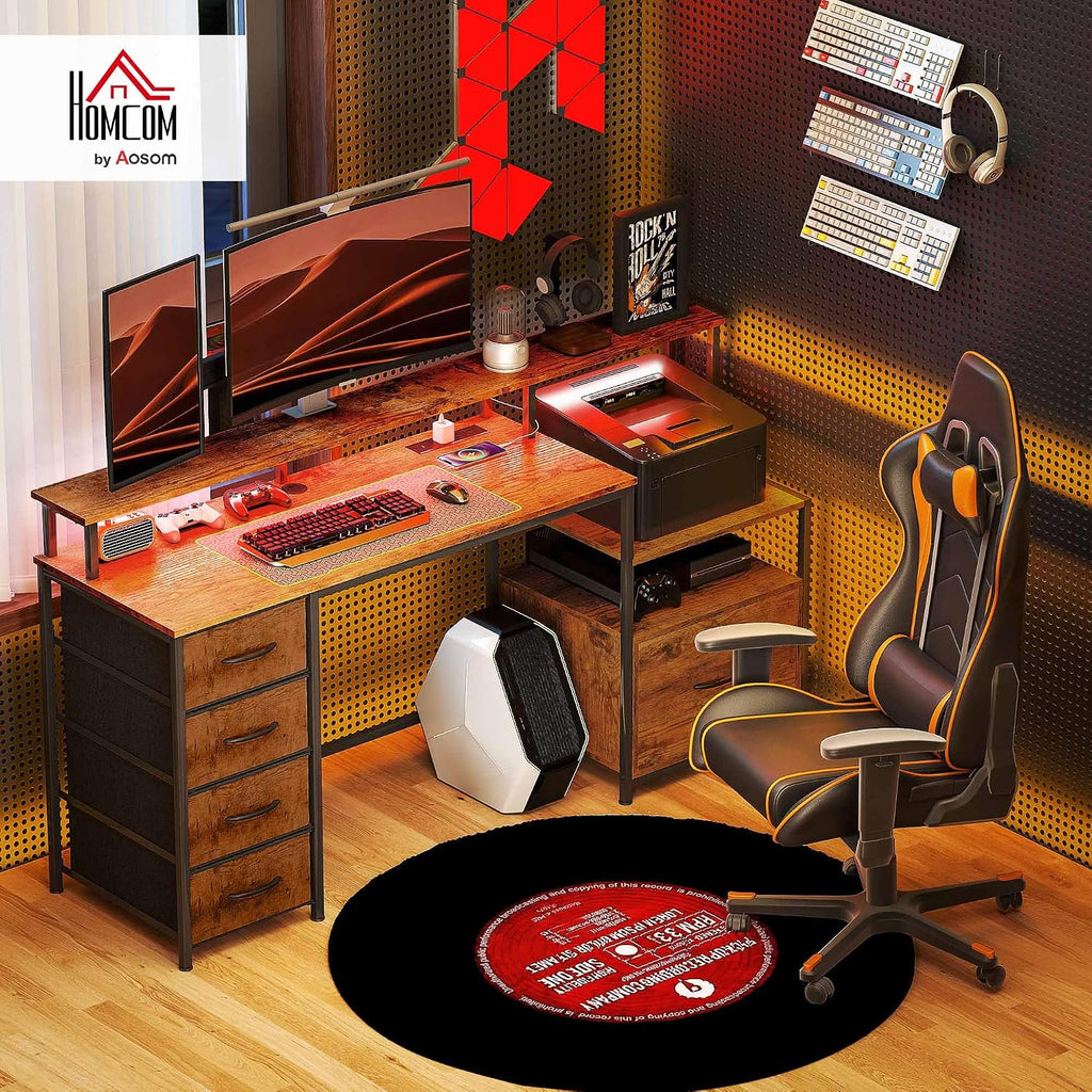 HOMCOM 67' Gaming Desk with File Cabinet and Fabric Drawers, Computer Table with Power Outlets and LED Lights, Monitor Stand and Printer Shelf, for Home Office Desk, Rustic Brown