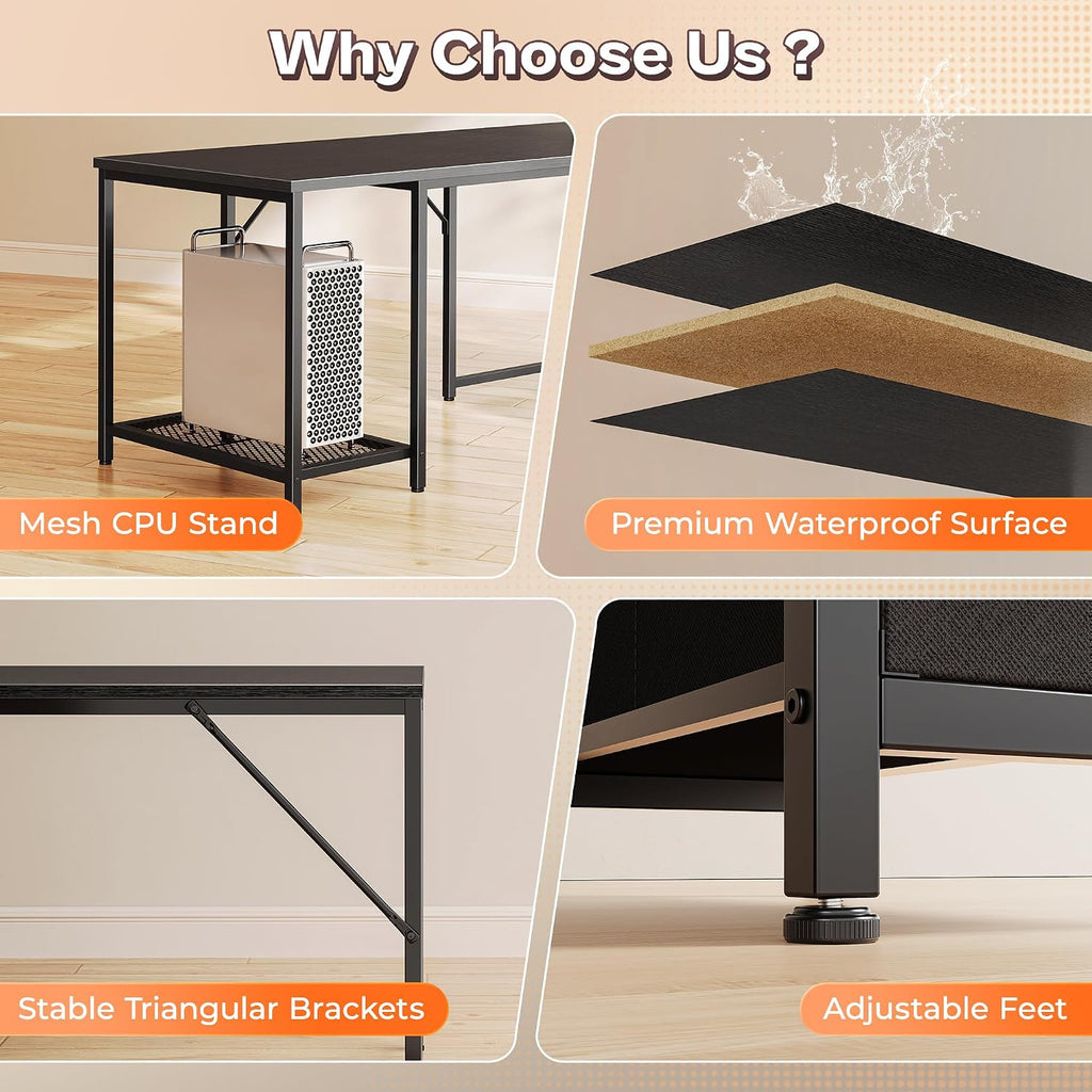 PRAISUN 66' L Shaped Gaming Desk with LED Lights & Power Outlets, Computer Desk with Fabric Drawers and Print Stand, Corner Office Desk, Monitor Stand, Mesh CPU Stand, Black