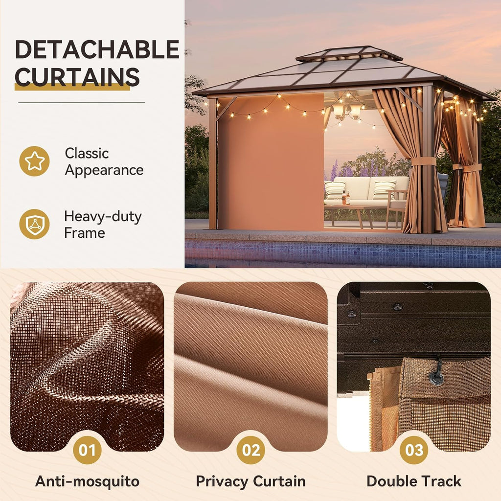 Aoxun 10'x12' Hardtop Gazebo, Outdoor Metal Gazebo with Double Polycarbonate Roof Canopy, Permanent Pavilion with Netting and Curtains for Lawn, Garden, Patio (Khaki)