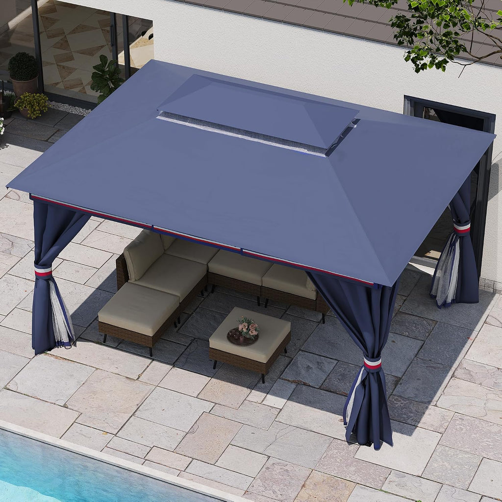 LAUSAINT HOME Patio Gazebo 10'x13', Outdoor Heavy Duty Party Tent Shelter with Double Roofs, Mosquito Nettings and Privacy Screens for Backyard, Garden, Lawn, Classic Blue