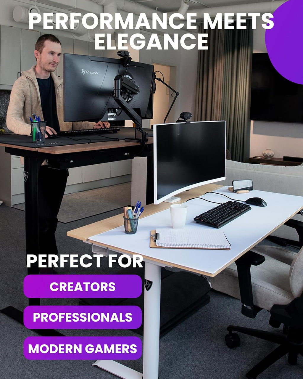 Arozzi Arena Nordico Gamer Desk – 55x27.6' Electric Standing Table – PC Gaming Desk with Storage for Cables - Dual Cable Baskets, Split Tabletop, Monitor Arm Friendly - Black