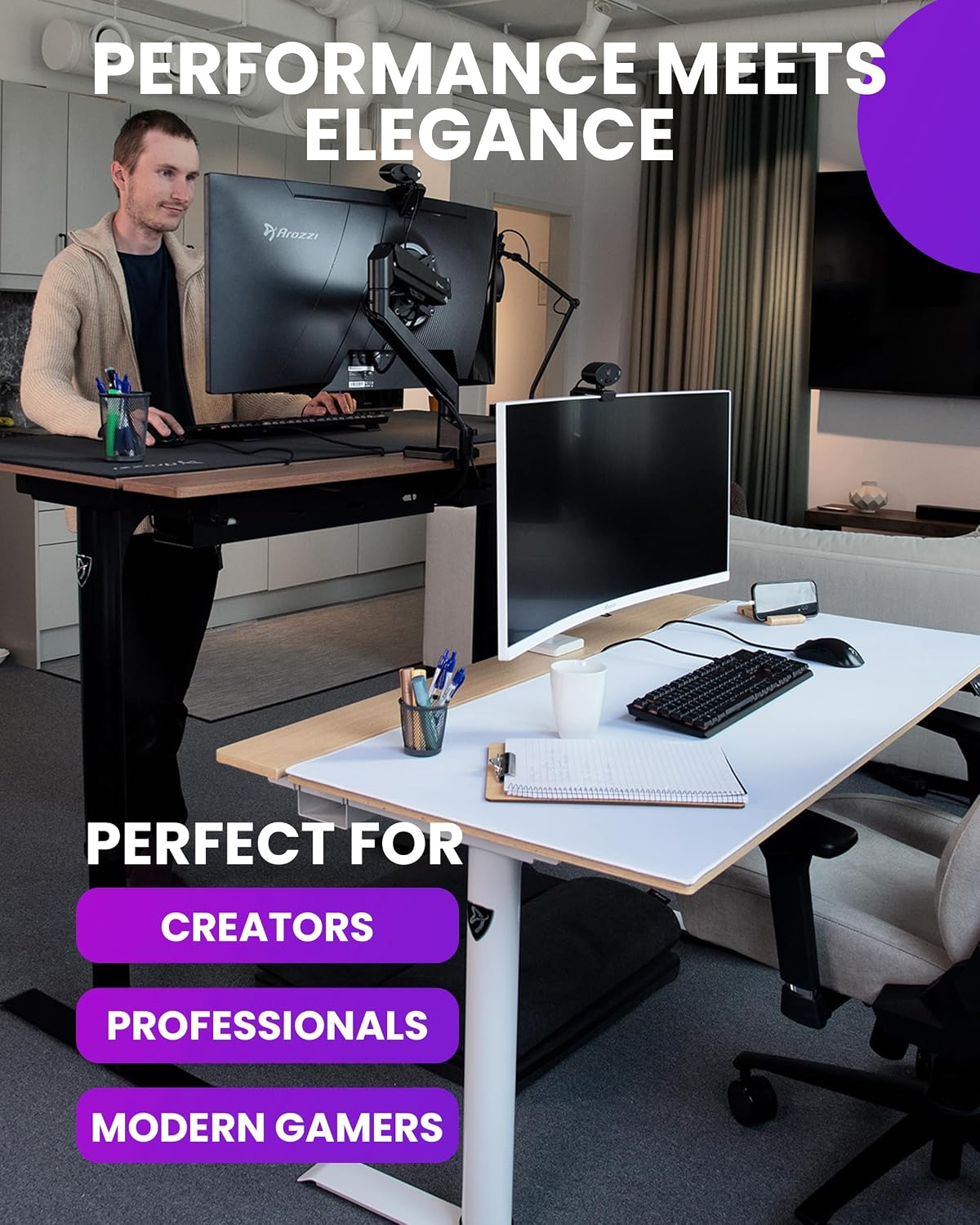 Arozzi Arena Nordico Gamer Desk – 55x27.6' Electric Standing Table – PC Gaming Desk with Storage for Cables - Dual Cable Baskets, Split Tabletop, Monitor Arm Friendly - Black