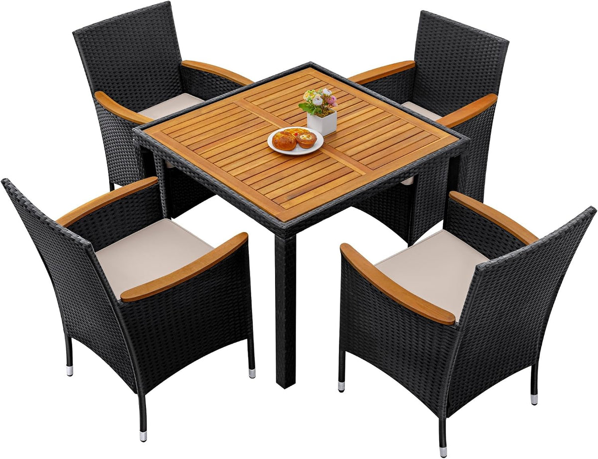 Greesum 5 Pieces Outdoor Patio Dining Set, Conversation Sets with 1 Table and 4 Rattan Chairs with Curved Acacia Wooden Armrests and Cushions, Black