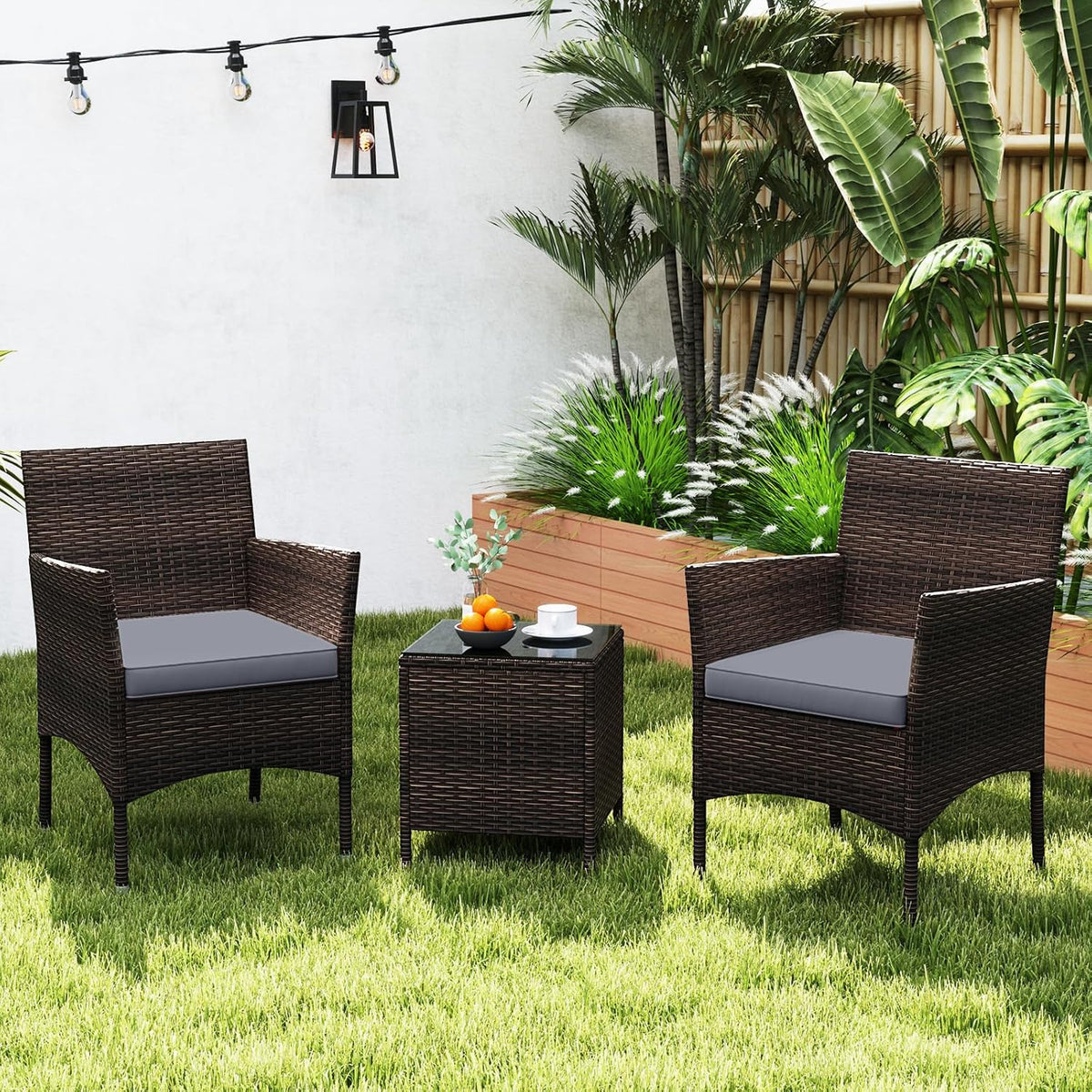 KOTEK 3 Piece Patio Furniture Set, Outdoor Wicker Patio Chairs with Soft Cushions & Tempered Glass Top Table, PE Rattan Bistro Set for Porch, Garden, Balcony (Grey)