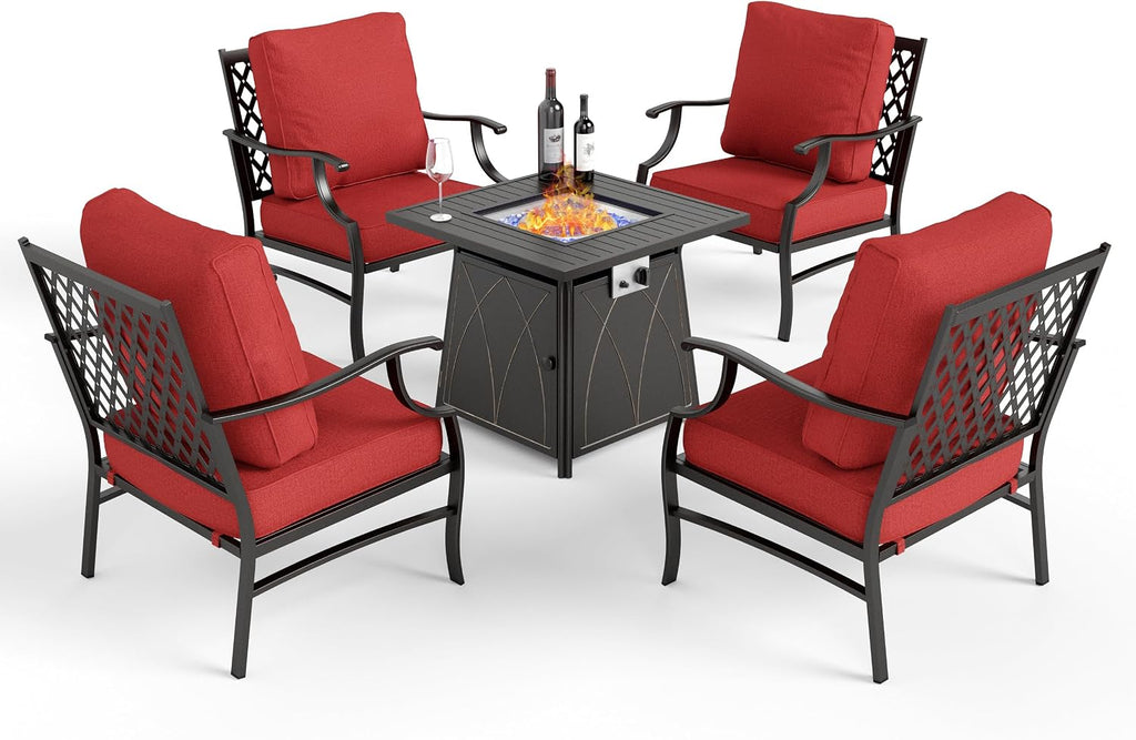 MIXPATIO Patio Furniture Set with Fire Pit Table, 5 Pcs Metal Outdoor Conversation Set, 4 Single Chairs with 5.75' Extra Thick Cushion and 28' Fire Pit Table for Backyard Deck, Red