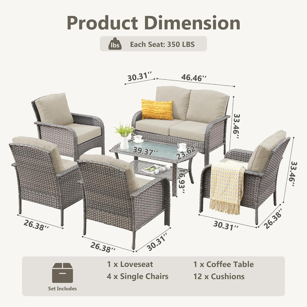 CAODOC 6-Piece Wicker Patio Furniture Set, All-Weather Rattan Conversation Bistro Loveseat Chair and Table Set for Backyard, Balcony and Deck with Soft Cushions and Metal Table(Beige)