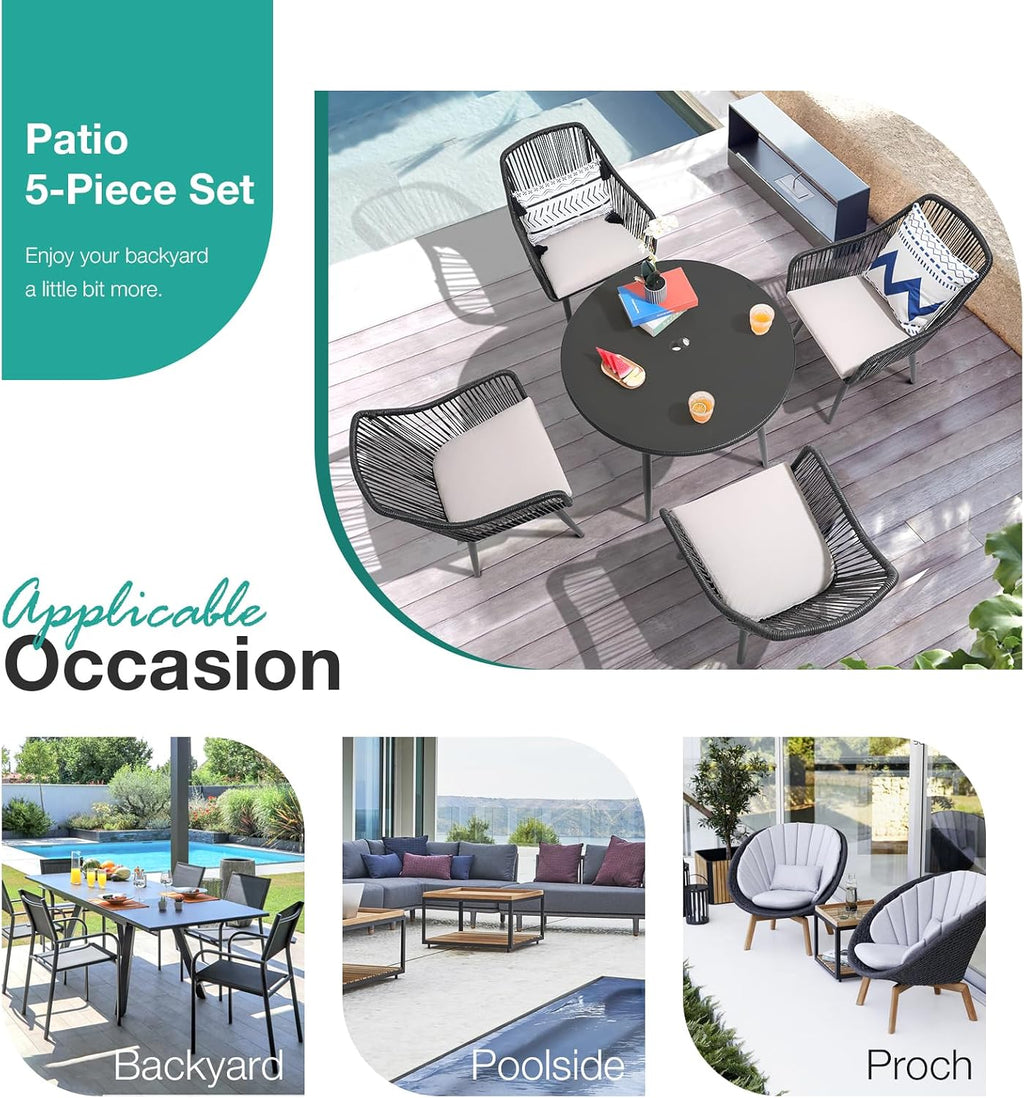 Patiorama 5-Piece Patio Dining Set,Outdoor Dining Table Chair Set,All-Weather Twisted Rattan Wicker Rope Conversation Set,Patio Furniture Set w/Umbrella Hole,4 Cushioned Chairs&Glass Table(Dark Black)