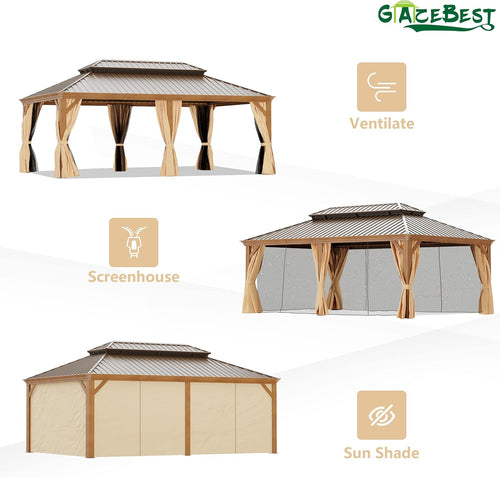14x20 ft Hardtop Gazebo Outdoor Aluminum Patio Gazebo Double Roof Galvanized Steel Gazebo Canopy with Netting and Curtains,for Garden Patio,Patio Backyard,Deck and Lawns