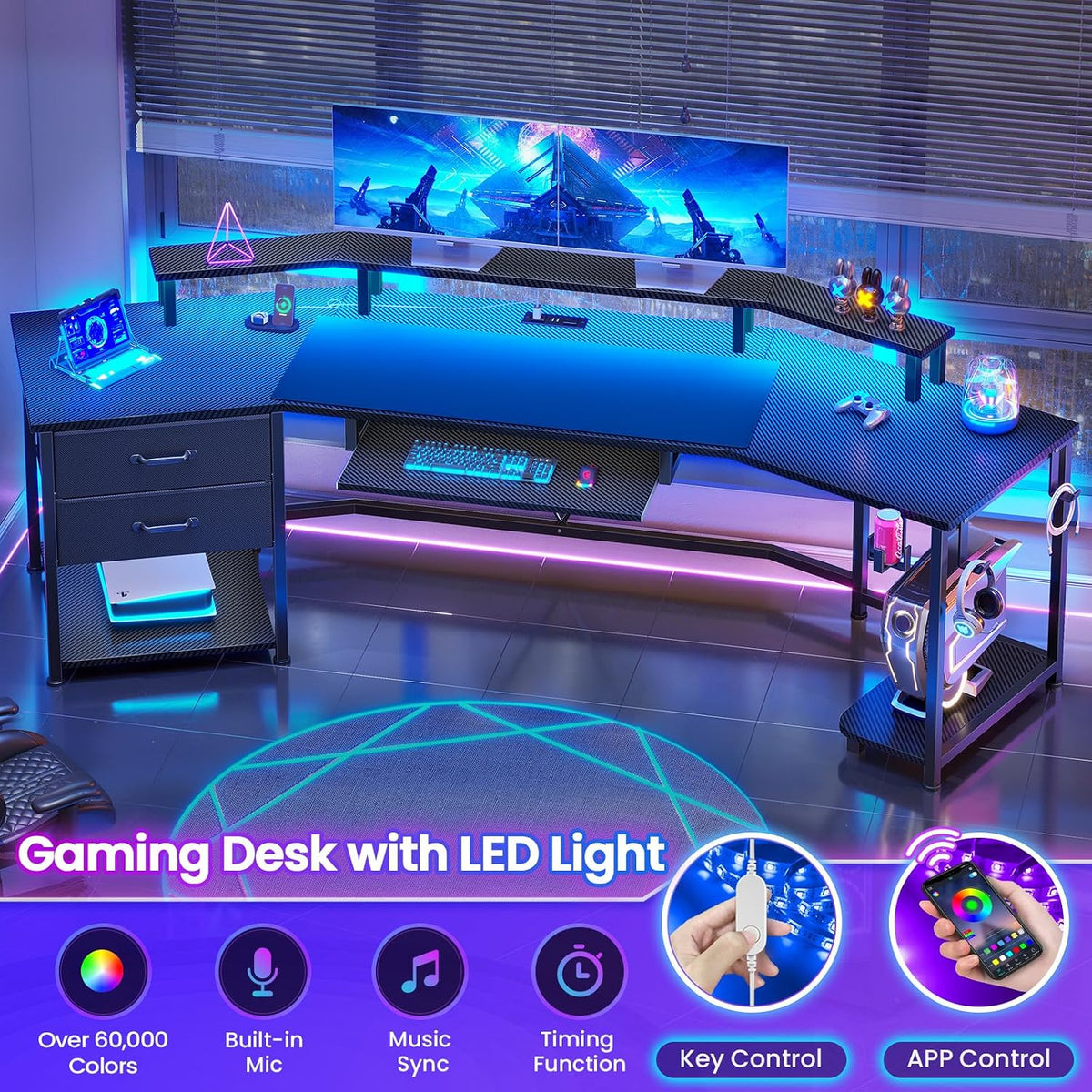 Itaar 79' Gaming Desk with 2 Fabric Drawers, Long Computer Desk with Power Strip & LED Lights, U Shaped Desks with Storage and Cup Holder, Large Gaming Table for Bedroom, Carbon Fiber Black