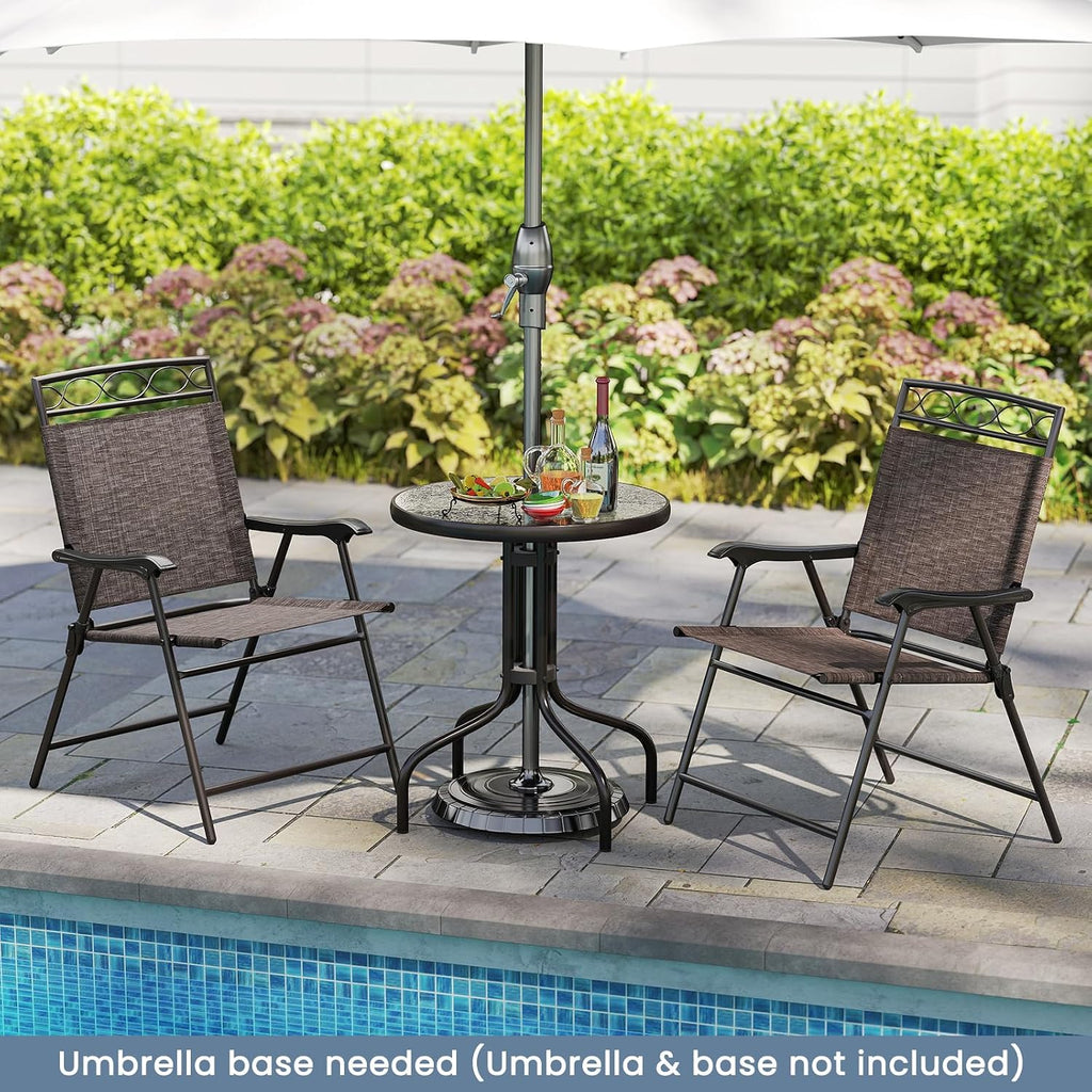 HAPPYGRILL 3 Pieces Patio Dining Set with Round Glass Table, Folding Chairs, Outdoor Chairs Table Set with Umbrella Hole for Garden Poolside Backyard