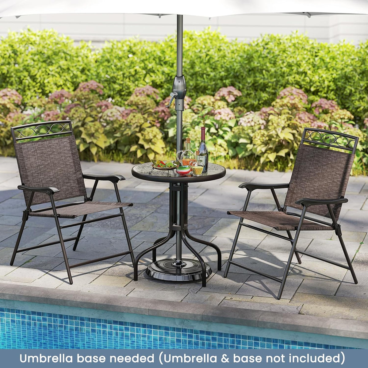 HAPPYGRILL 3 Pieces Patio Dining Set with Round Glass Table, Folding Chairs, Outdoor Chairs Table Set with Umbrella Hole for Garden Poolside Backyard