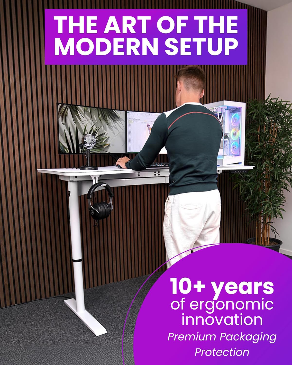 Arozzi Arena Moto Gamer Desk - 63x32' Electric Standing PC Gaming Desk with Storage for Cables - Dual Motor Steel Frame & Full-Surface Washable Mousepad - Pure Black