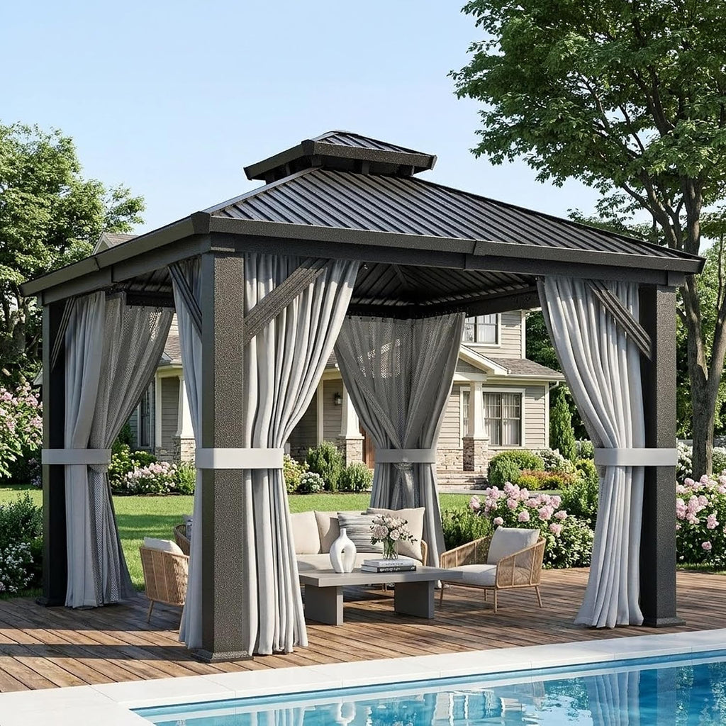 AirWire 10'x10' Outdoor Gazebo Hardtop Grill Gazebo Aluminum Galvanized Steel Double Roof Outdoor Pergola Include Curtain and Netting for Backyard, Patio, Lawn