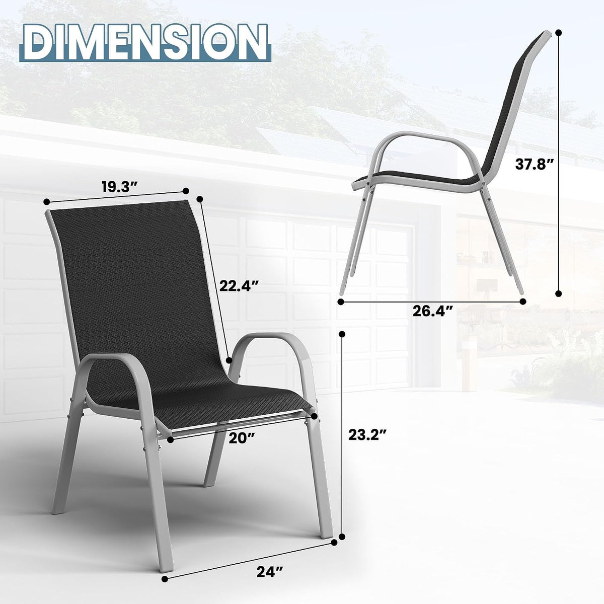 Amopatio Patio Chairs Set of 6, Stackable Outdoor Dining Chairs for All Weather, Silver Frame Outdoor Chair Garden Furniture for Backyard Deck(Black)