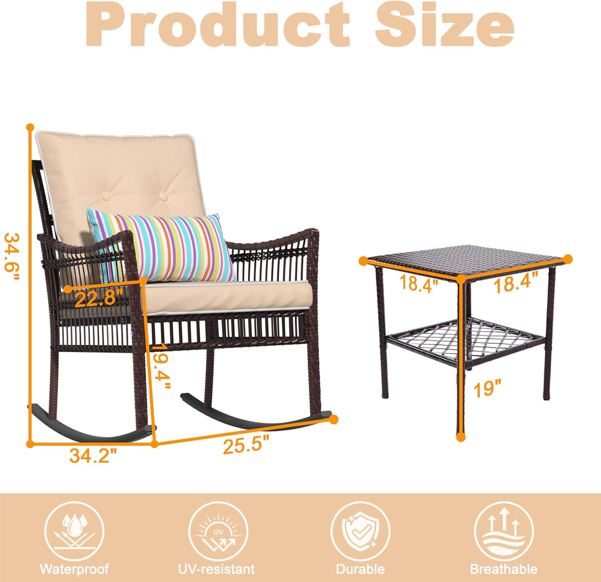 DECMICO 3 Pieces Patio Furniture Set, Wicker Rocking Chairs Bistro Set with Coffee Table, Outdoor Conversation Set for Garden and Balcony (Brown Rattan Beige Cushion)