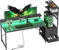 PRAISUN 61.7' Gaming Desk with LED Lights & Outlets, Computer Desk with 3 Fabric Drawers, PC Desk with PC Case Stand & Movable Storage Shelves, Monitor Stand, Reversible, Carbon Fiber Black