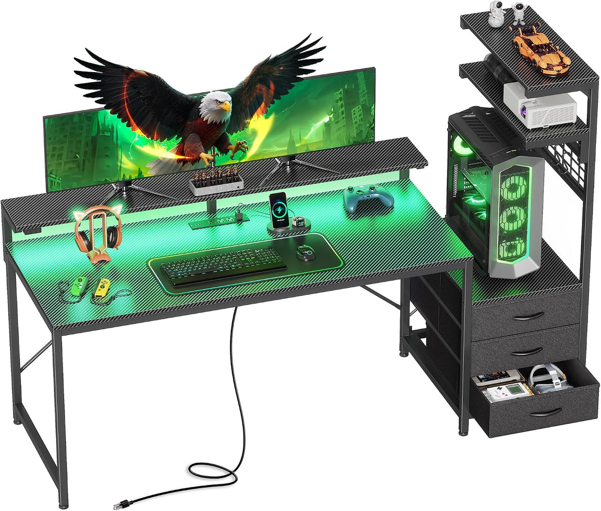 PRAISUN 61.7' Gaming Desk with LED Lights & Outlets, Computer Desk with 3 Fabric Drawers, PC Desk with PC Case Stand & Movable Storage Shelves, Monitor Stand, Reversible, Carbon Fiber Black