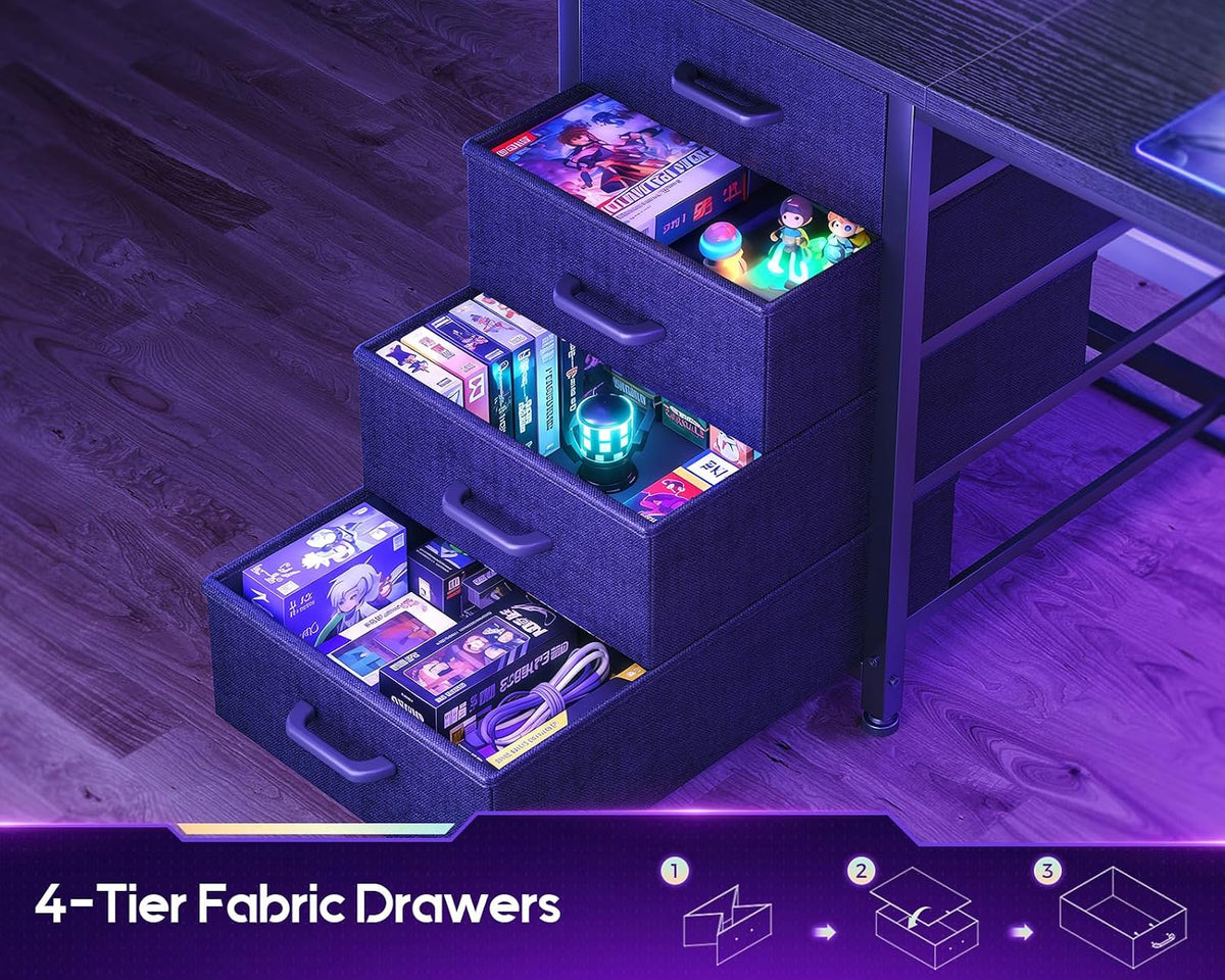 AODK L Shaped Gaming Desk with 4 Drawers, 59' Reversible Computer Desk with Hutch and Shelves, Gamer Desk with LED Lights, Power Outlets, Home Office Corner Desk with Gird Pegboard, Black