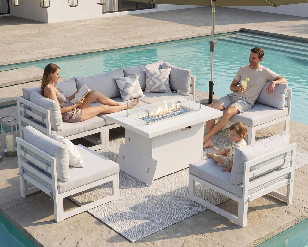 RADIATA 6 Person Large Modern Aluminum Outdoor Patio Furniture Set with Fireplace, 29' Wide Deep Seating, U Shaped Combo Sectional Couch, Water Resistant Conversation Set for Backyard Terrace, White