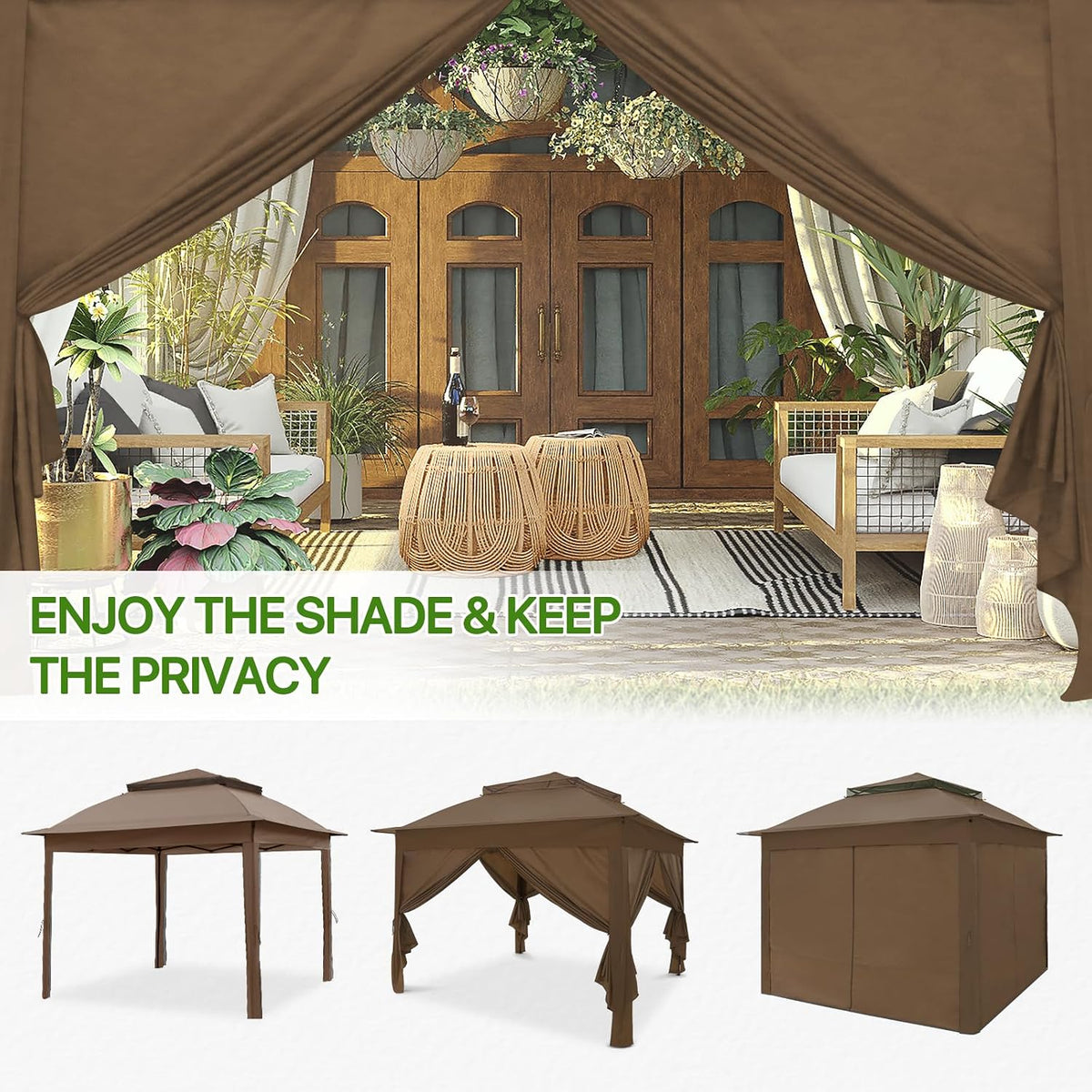 COOS BAY 11x11 Pop Up Gazebo with 4 Sidewalls, Instant Outdoor Canopy Tent with UPF 50+ UV Protection, Water Resistant Shelter with Carry Bag, Stakes & Ropes, Brown