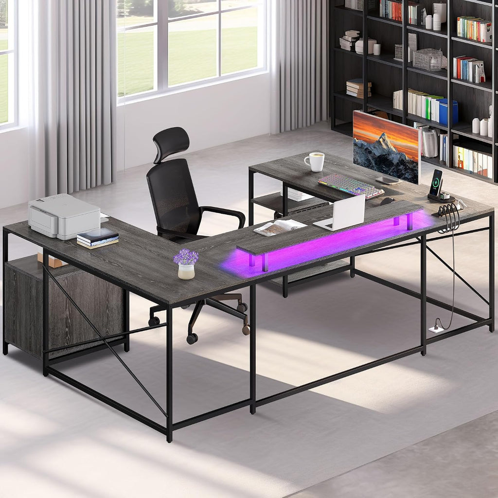 DWVO U Shaped Desk with Drawers, 79' Reversible L Shaped Desk with Power Outlets & LED Lights, Corner Computer Desk with Monitor Stand & Storage Shelves, Grey