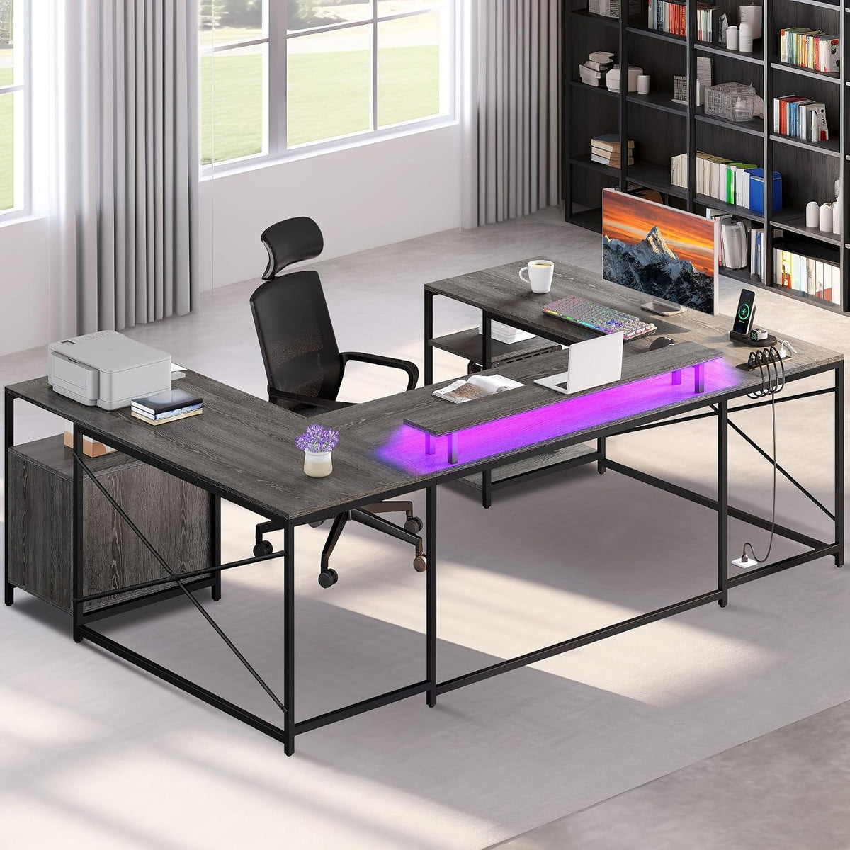DWVO U Shaped Desk with Drawers, 79' Reversible L Shaped Desk with Power Outlets & LED Lights, Corner Computer Desk with Monitor Stand & Storage Shelves, Grey