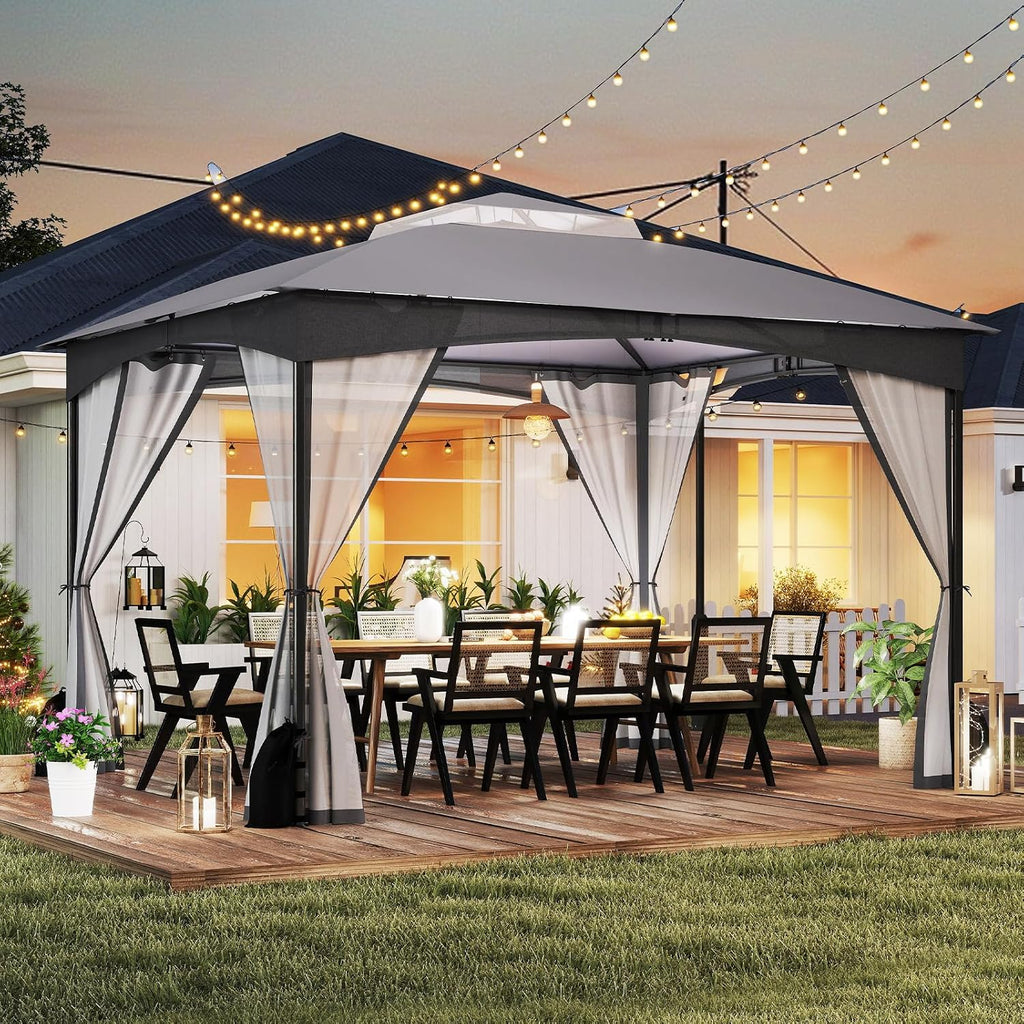 Tangkula 10x12 FT Outdoor Gazebo with Netting, Double Roof Patio Shelter with 4 Sandbags, Zippered Doors, Heavy-Duty Metal Frame, Metal Patio Gazebo for Yard Garden Lawn (Grey)