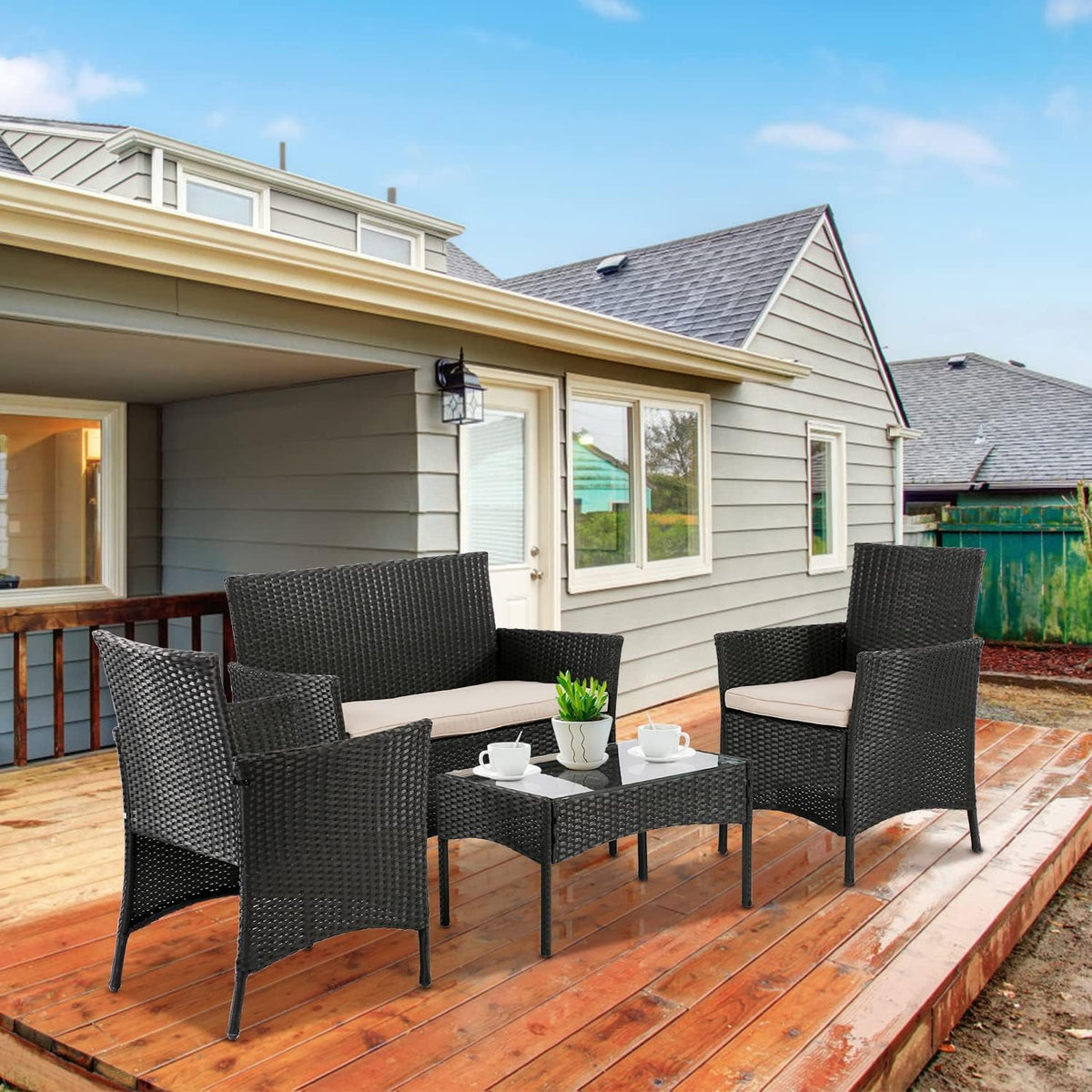 Patio Furniture Set Conversation Chairs, 4 Pieces Wicker Patio Set Outdoor Patio Seating Rattan Patio Sofa with Table for Balcony Backyard Front Porch Decor, Conversation Set with Cushion Seat, Black