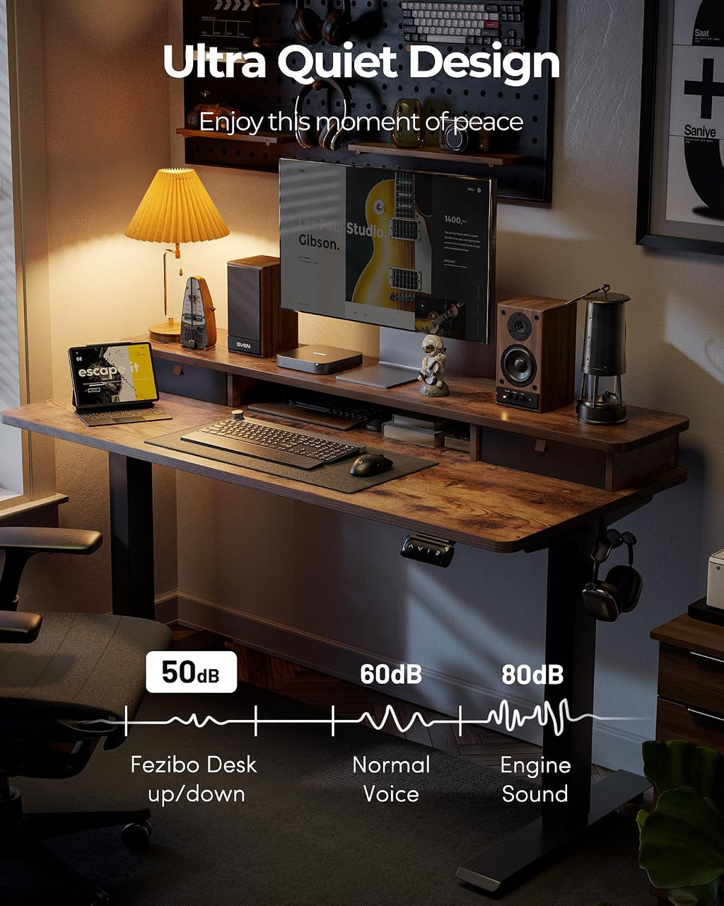 FEZIBO 55'' x 24'' Height Adjustable Electric Standing Desk with Double Drawer, Computer Workstation, Home Office Stand Up Table with 4 Height-Adjustable Feets & 2 Hooks, Vintage Brown