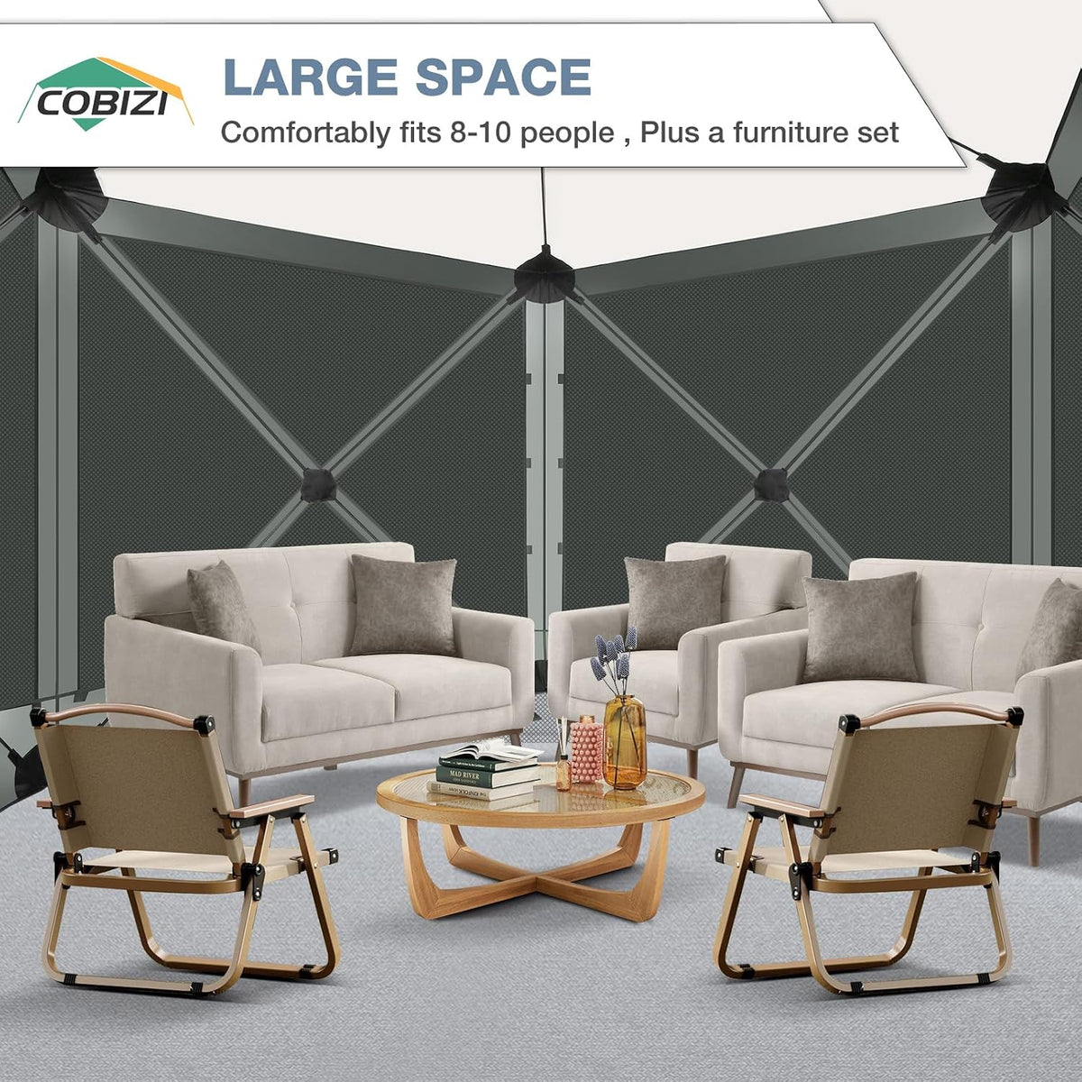COBIZI Pop Up Gazebo Screen Tent Screen House for Camping, 10x10 Screen Room with Mosquito Netting, Hub Tent Instant Screened Canopy with Carrying Bag and Ground Stakes, Gray