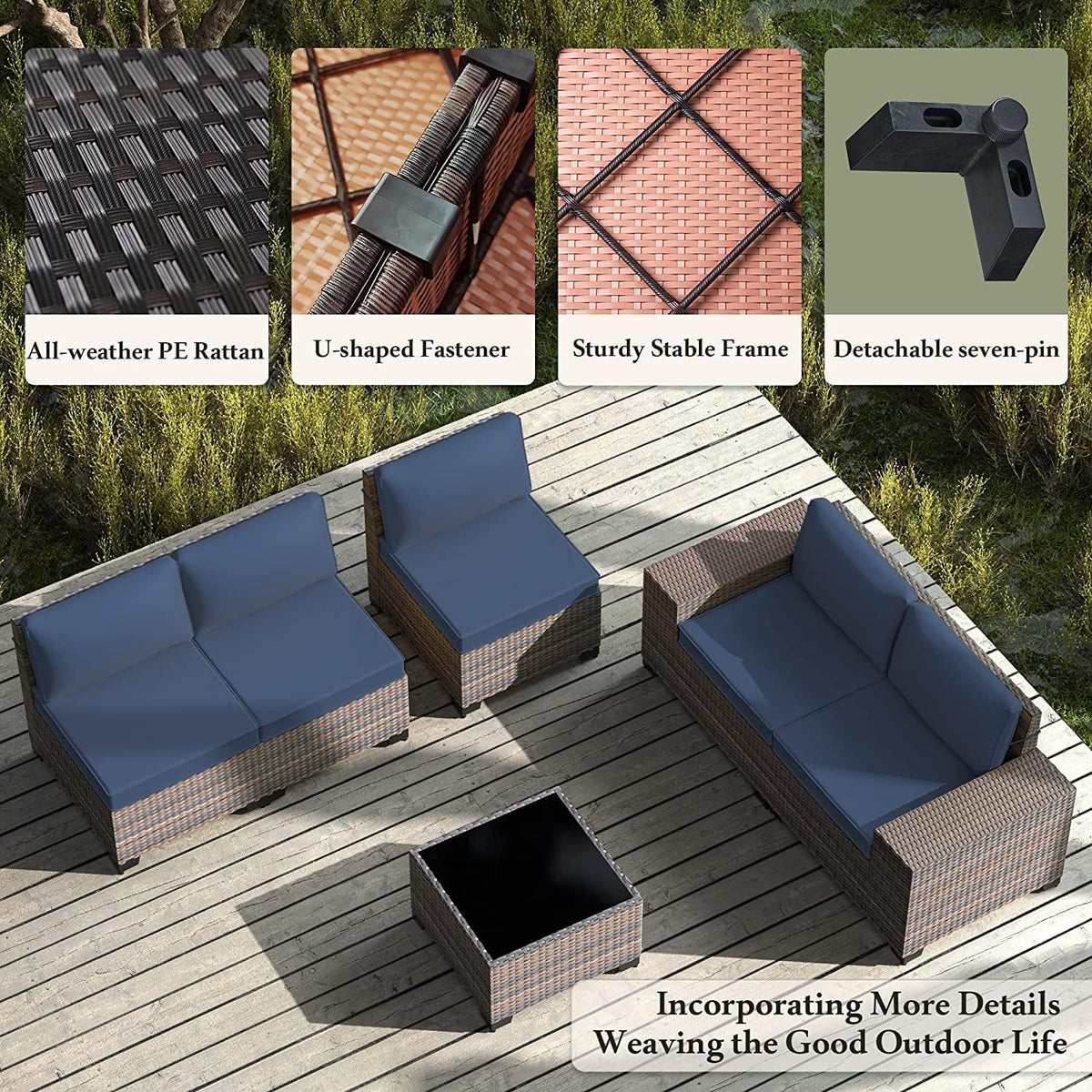 6 PCS Outdoor Patio Furniture Set,Outdoor Sectional Furniture All Weather PE Rattan Wicker Patio Conversation Set with Coffee Table and 5 Thickened Cushions,Navy Blue