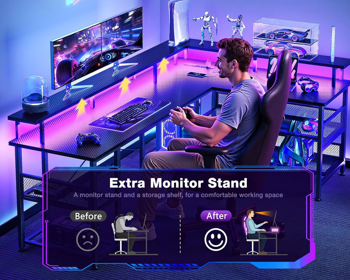 ODK 66' L Shaped Gaming Desk with Power Outlet and LED Lights, PC Gaming Table with Carbon Fiber Texture, Reversible L Shape Desk with Storage Shelves & Monitor Stand, Home Office Desk, Black