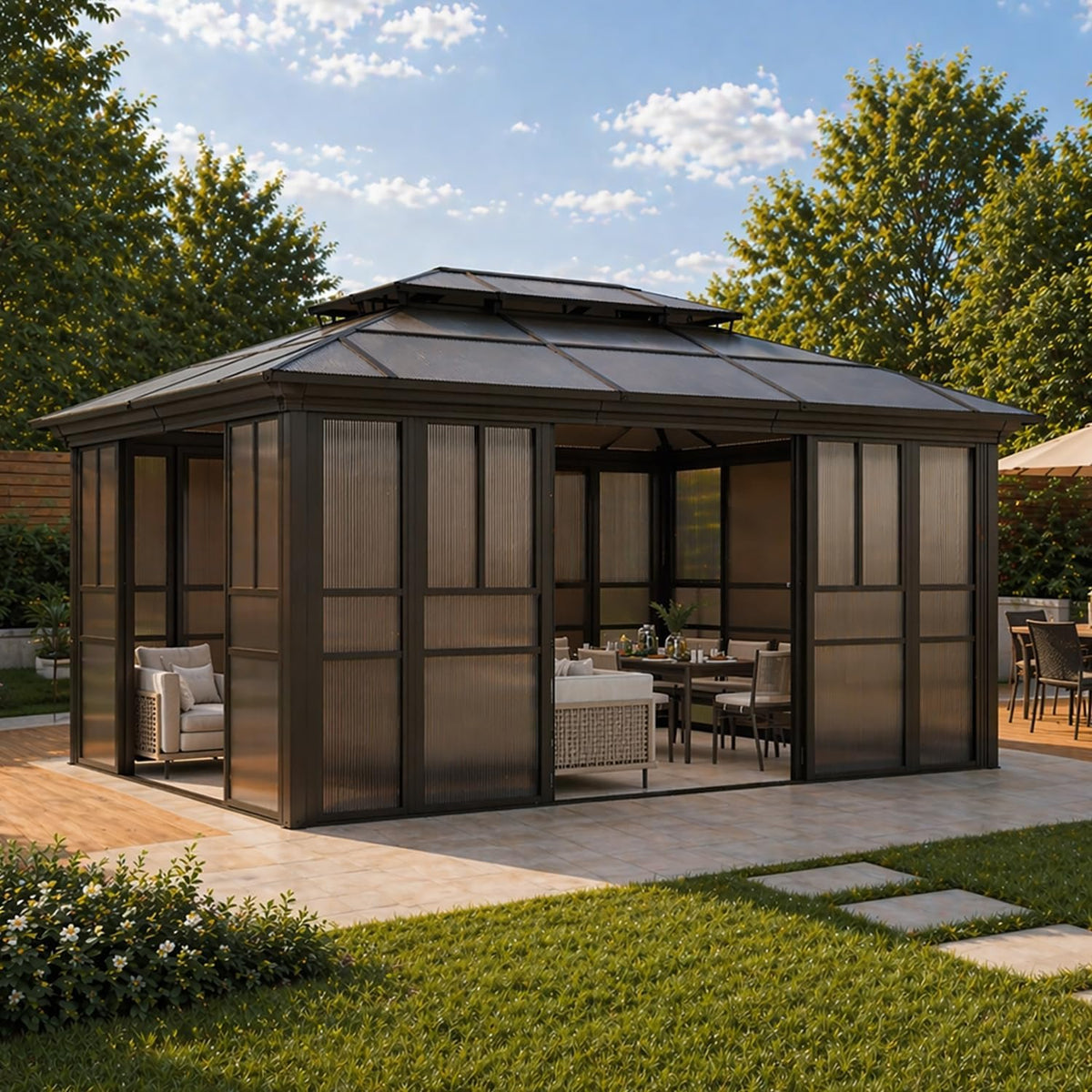 EROMMY 12x16 Sunroom Gazebo, Polycarbonate Roof Outdoor Solarium with Sliding Door & Adjustable Window Panels, Enclosed Patio Sunroom with Mesh Screens, Aluminum Frame Backyard Enclosure