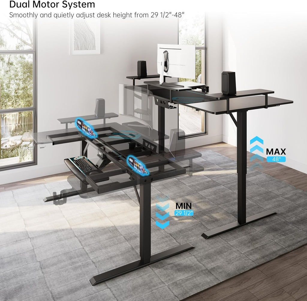 EUREKA ERGONOMIC Standing Desk with Keyboard Tray,U-Shaped 74 Inch Large Gaming Desk,Electric Height Adjustable Music Studio Desk w LED Convertible Shelves