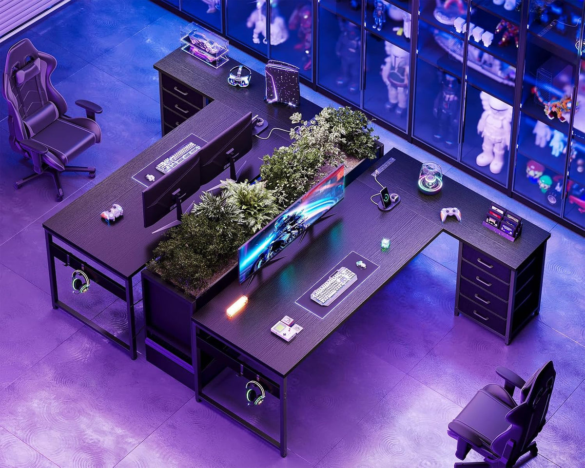 AODK L Shaped Gaming Desk with 4 Drawers, 67' Reversible Home Office Desks with Power Outlets, L Shaped Computer Desk with USB Charging Port and Host Stand, Corner Desk, Easy to Assemble, Black