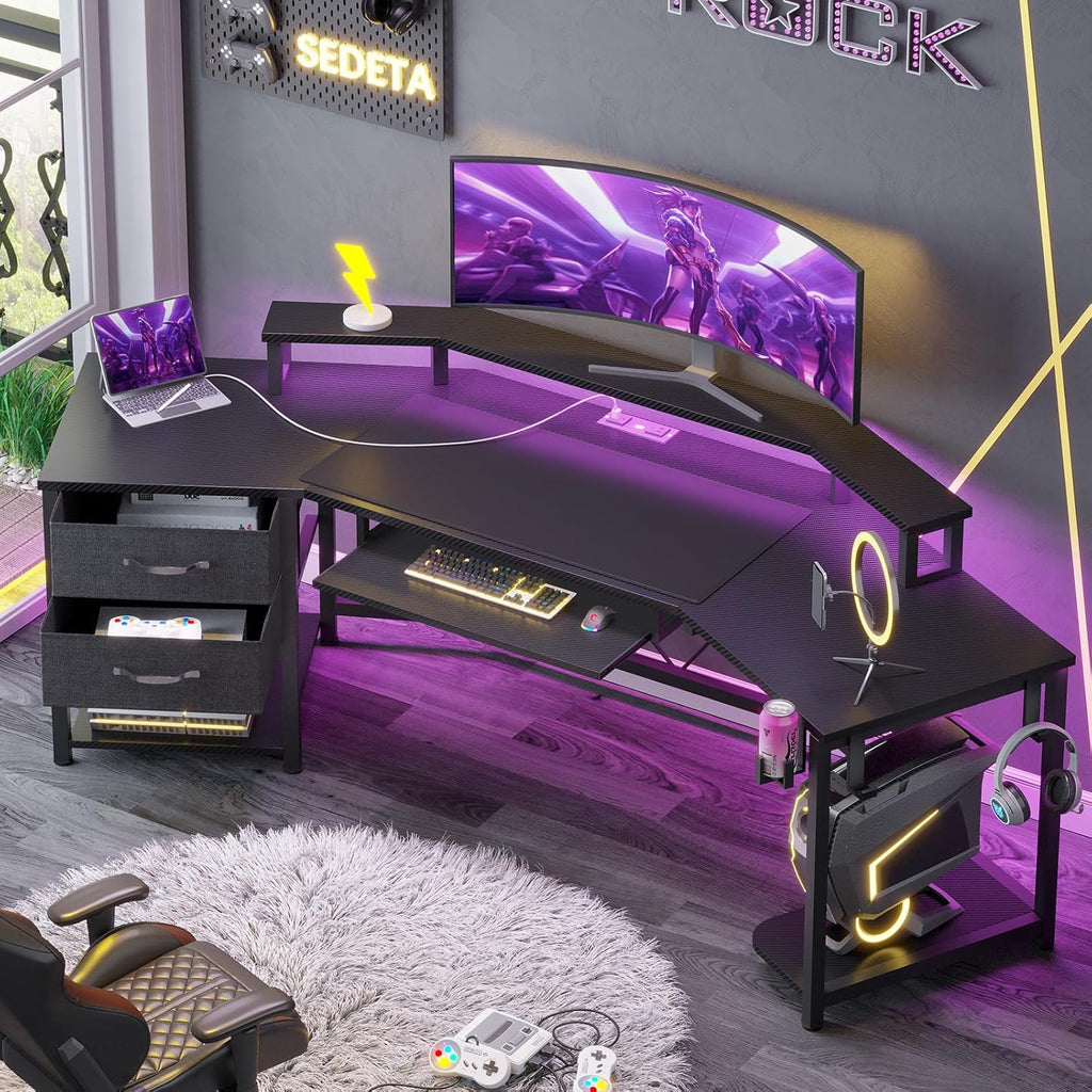 SEDETA 79' Gaming Desk, Computer Desk with 2 Fabric Drawers & LED Light, L Shaped Gaming Desk with Storage Shelf for Home Office, Carbon Fiber Black