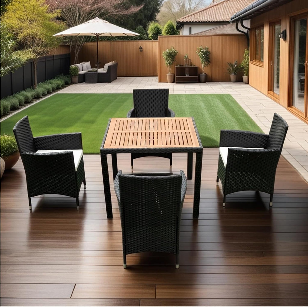 EMKK 5 Piece Outdoor Dining Set All-Weather Wicker Patio Table and Chairs with Cushions, Acacia Glass Tabletop for Backyard Porch Garden Poolside