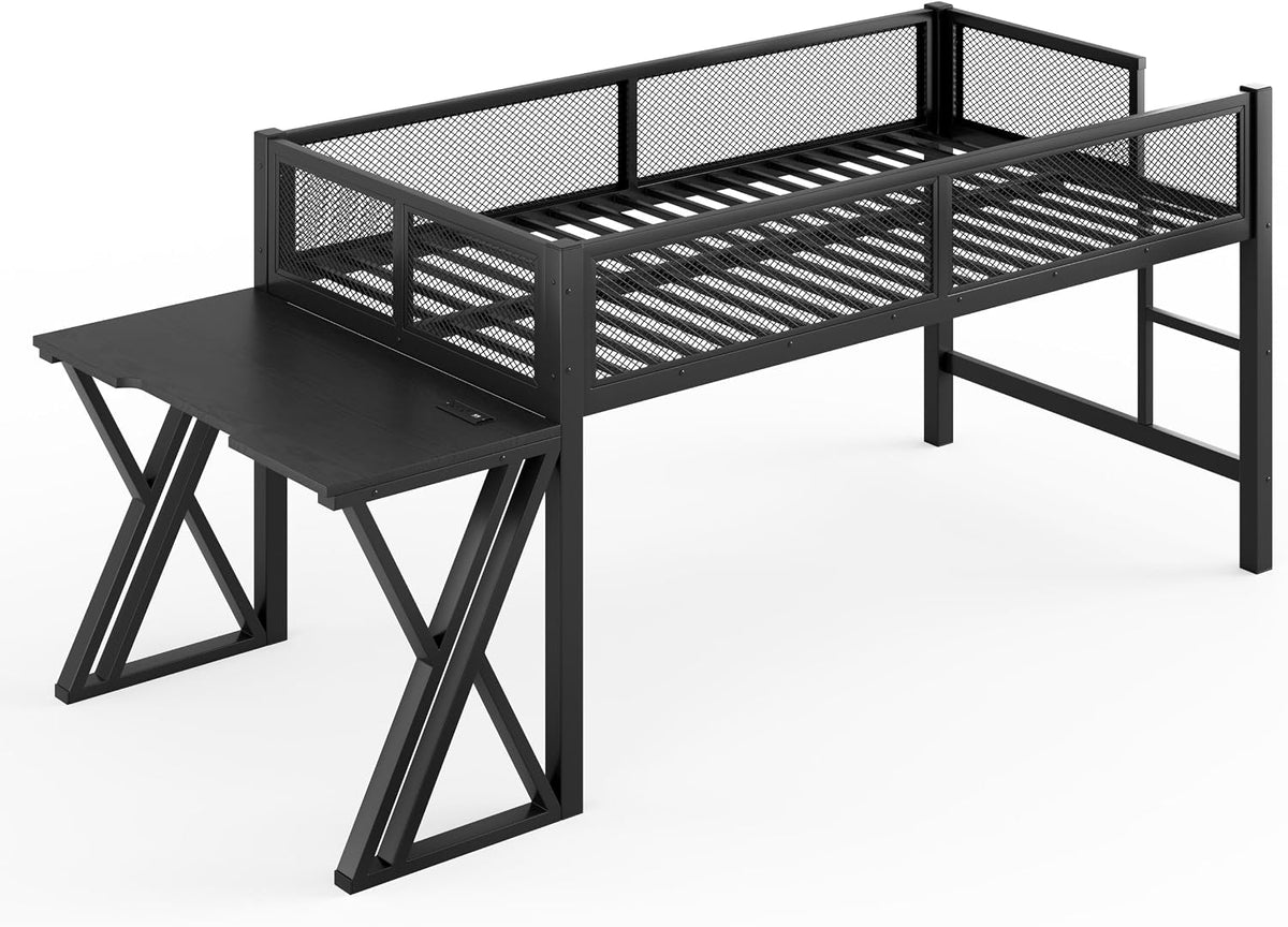Bellemave Twin XL Loft Bed with Desk, Gaming mid loft Bed with Desk of X-Shaped Leg, LED for Adults, Teens, Kids, Black