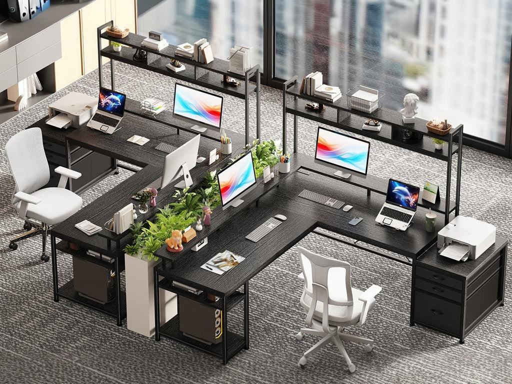 EnHomee104''Gaming Desk with Hutch and Drawers, Reversible L Shaped Desk with Power Outlet & Monitor Stand & LED Lights, Computer Corner Desk, Two Person Desk of 3 monitors for Living,Gaming,Black