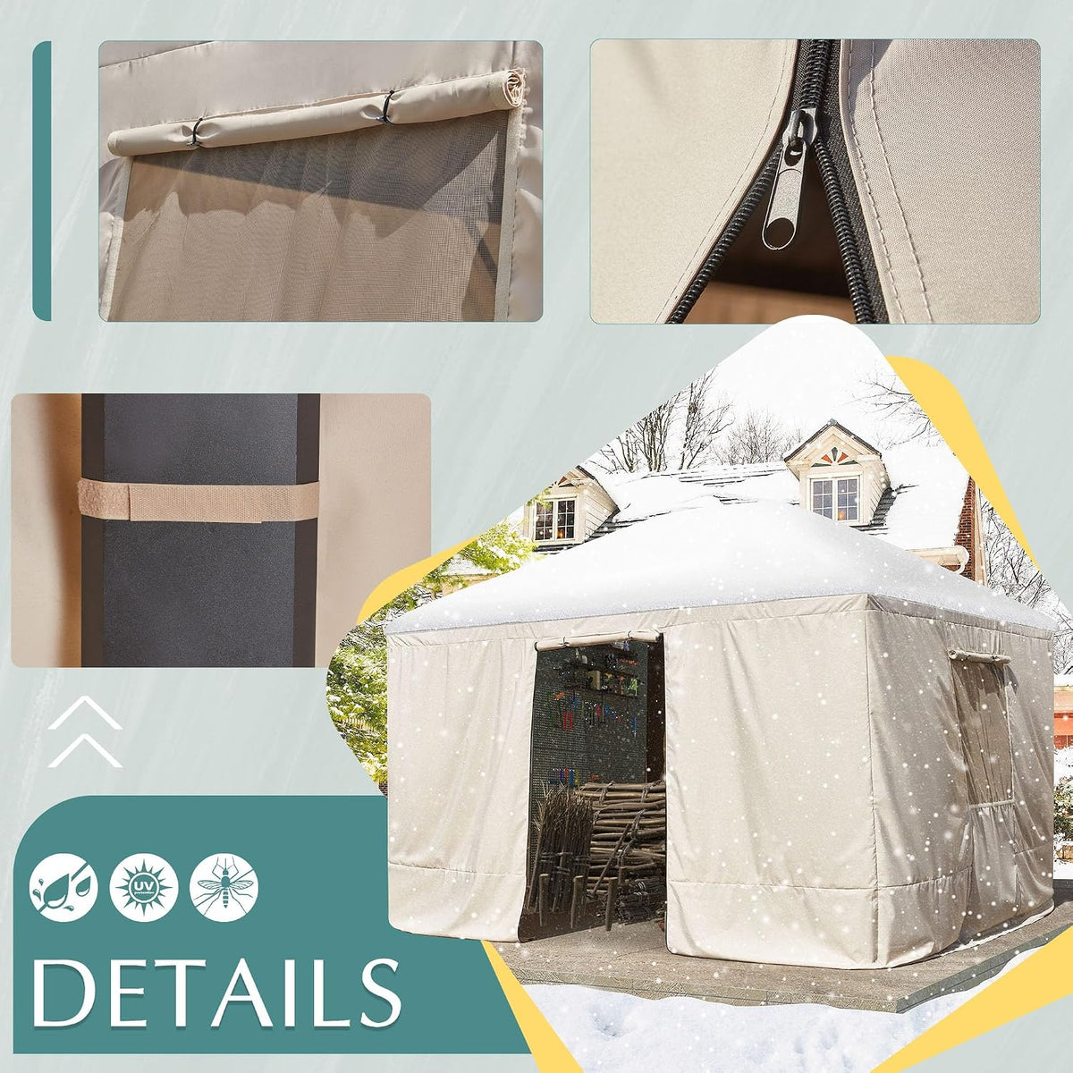 EROMMY Gazebo Cover for 10'x13' Gazebos,Outoor Winter Gazebo Cover with Sidewalls and Mesh Windows,Convert Gazebo into a Storage Space,Beige(Gazebo not Included)